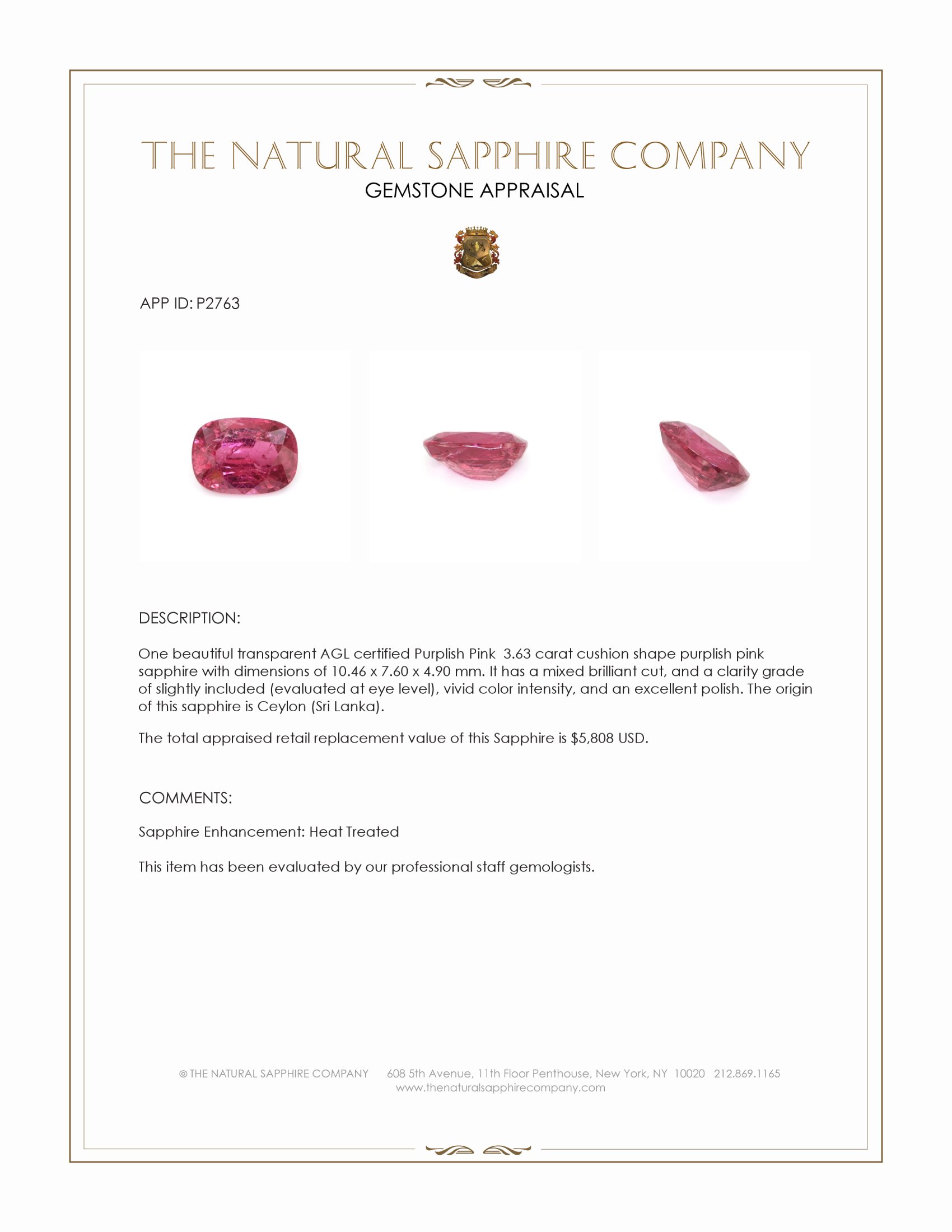 3.63 Ct. Purplish Pink Sapphire from Ceylon (Sri Lanka)