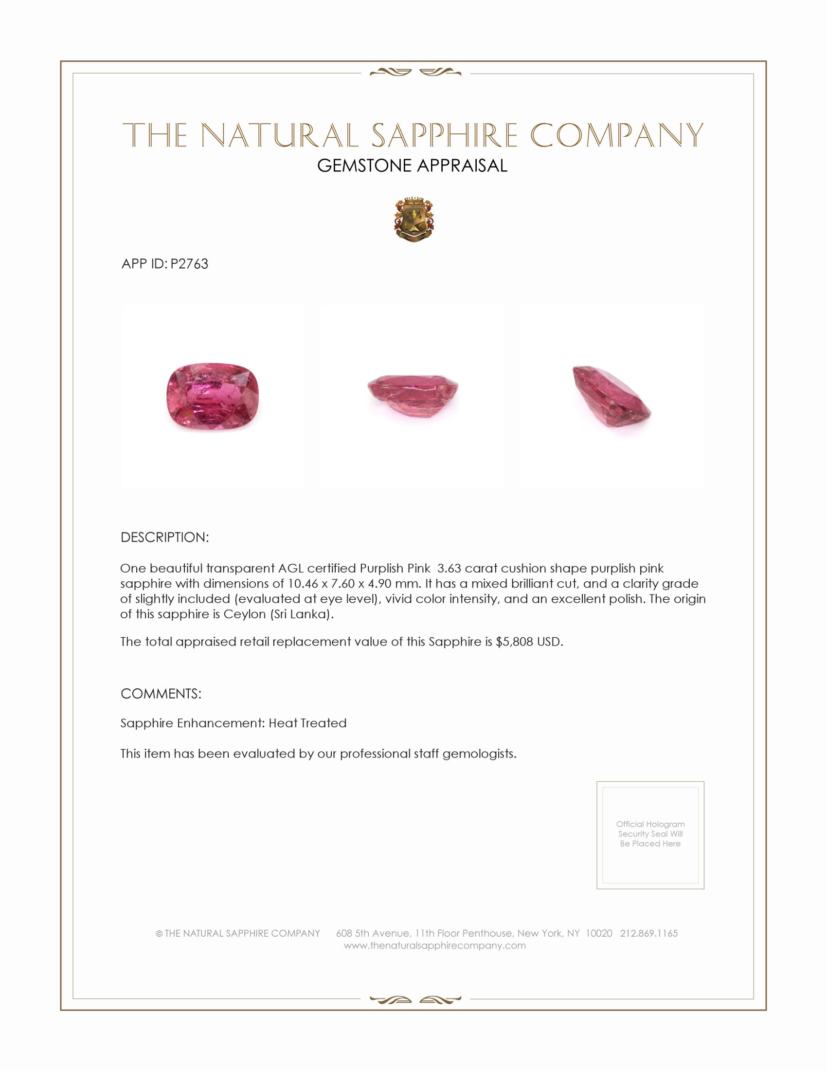 3.63 Ct. Purplish Pink Sapphire from Ceylon (Sri Lanka)