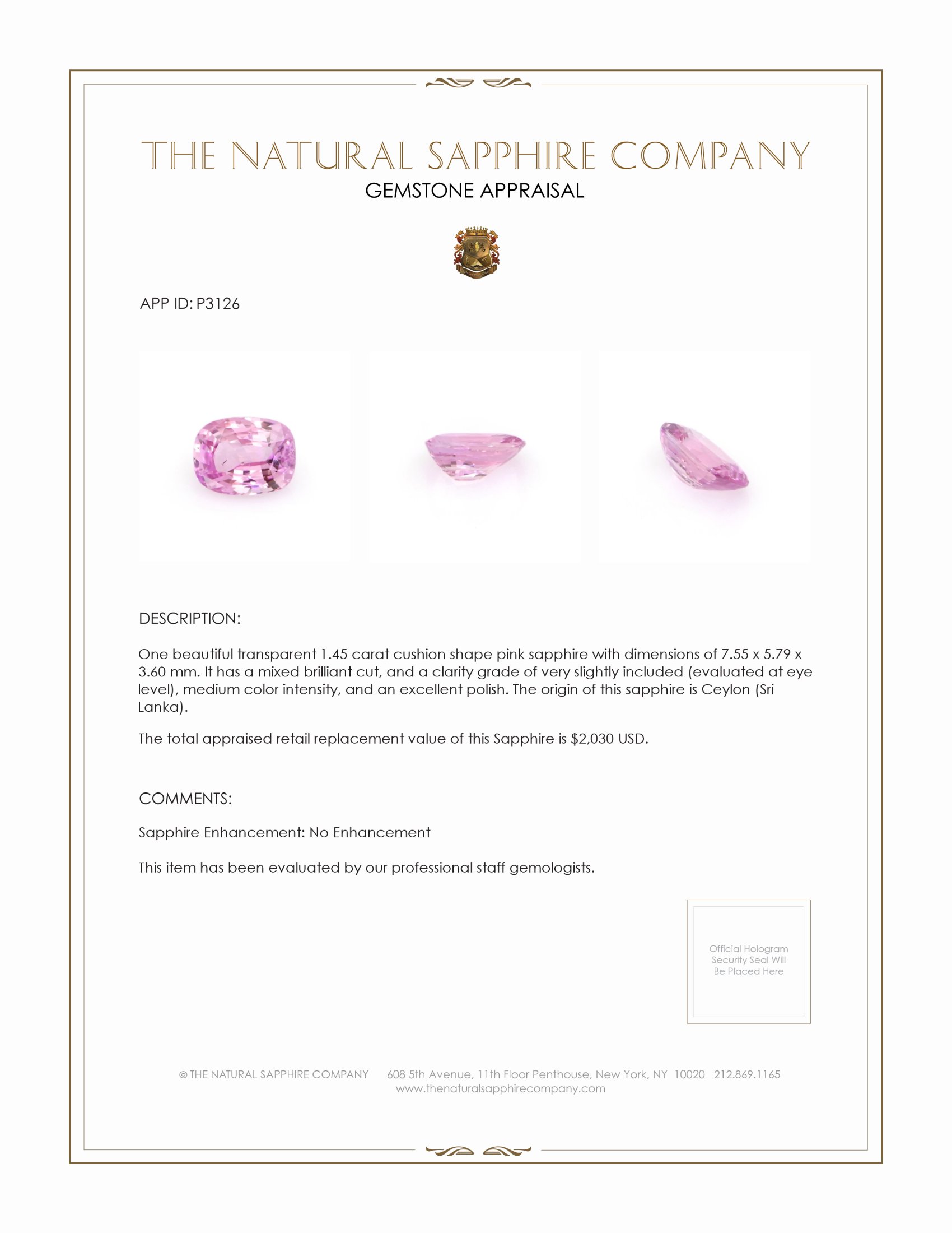 1.45 Ct. Pink Sapphire from Ceylon (Sri Lanka)