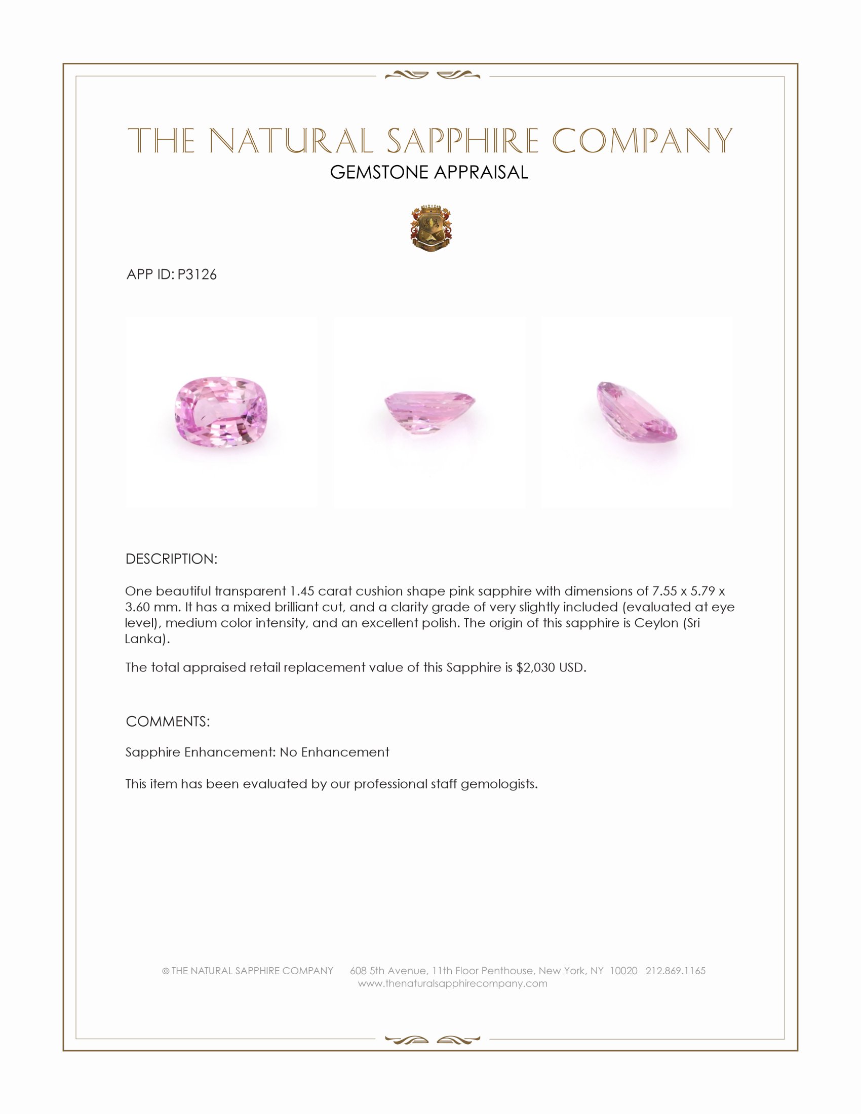 1.45 Ct. Pink Sapphire from Ceylon (Sri Lanka)