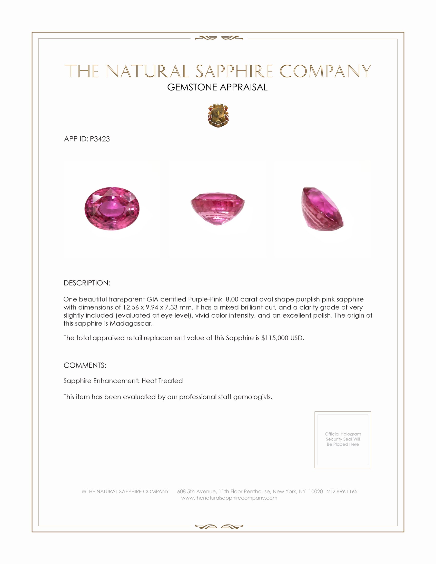 8.00 Ct. Purplish Pink Sapphire from Madagascar