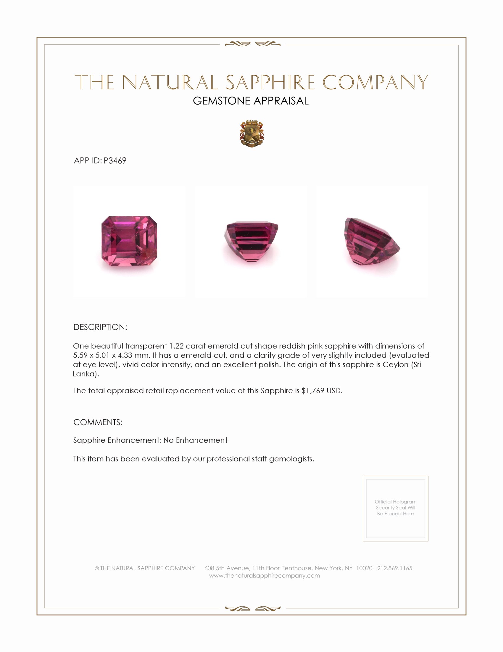1.22 Ct. Reddish Pink Sapphire from Ceylon (Sri Lanka)
