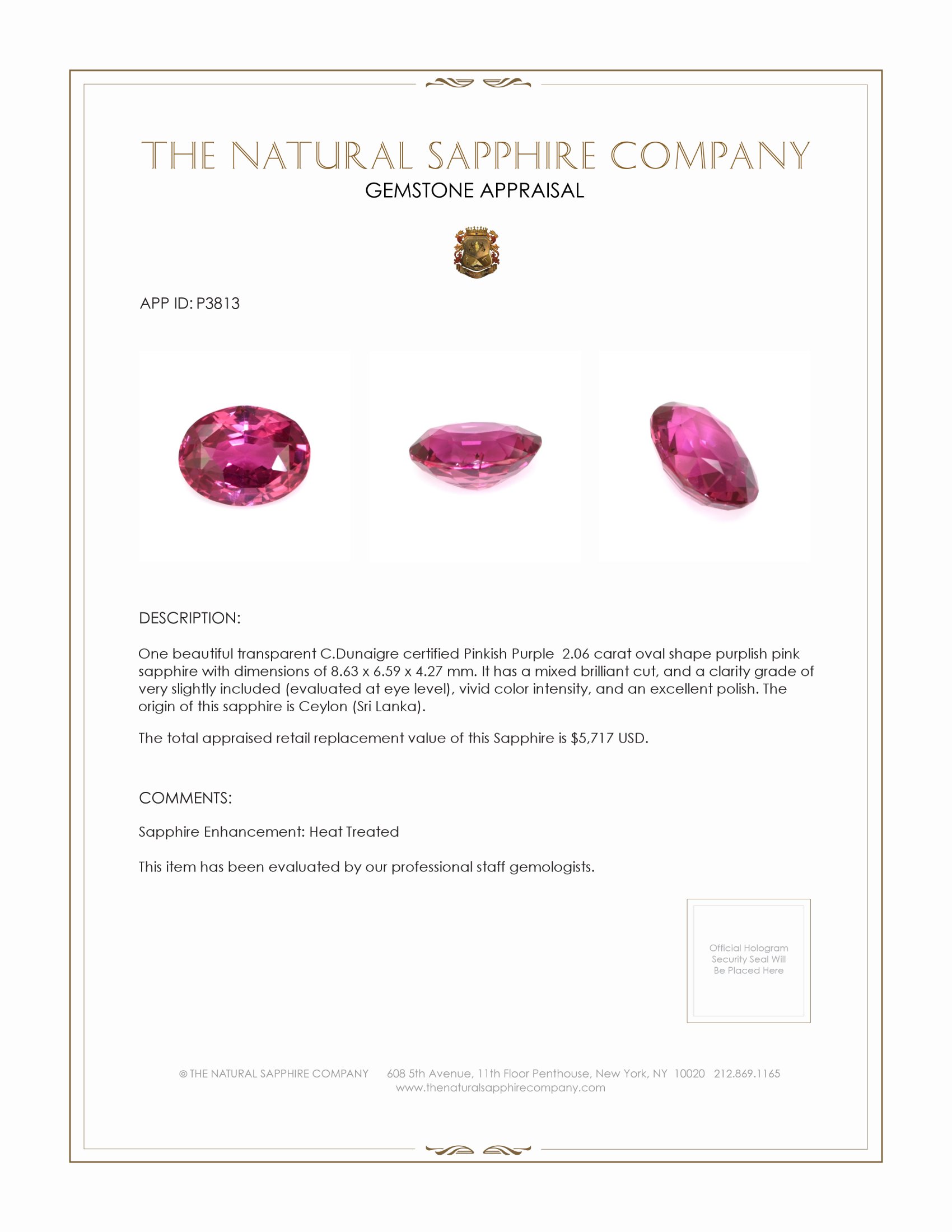 2.06 Ct. Purplish Pink Sapphire from Ceylon (Sri Lanka)