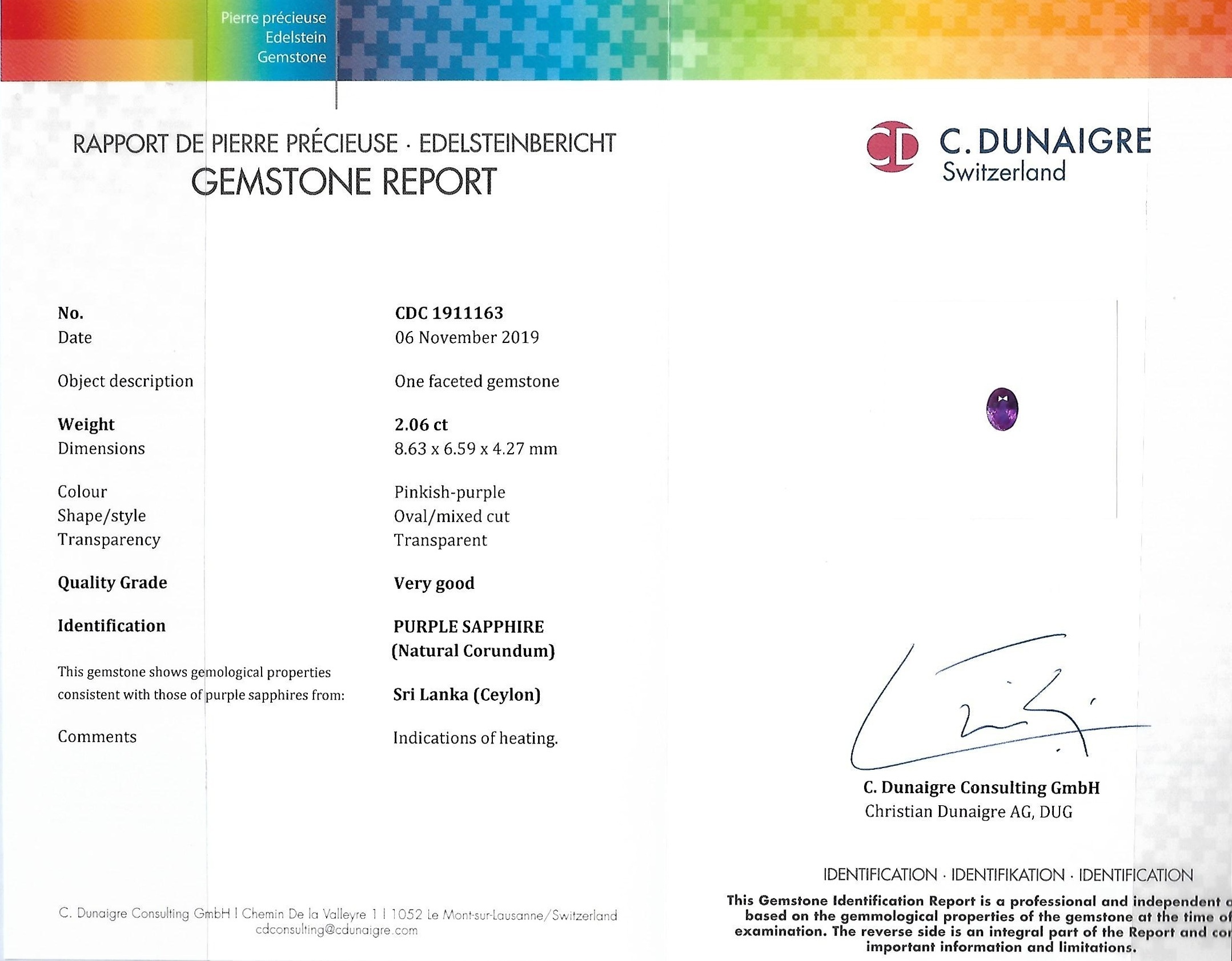 2.06 Ct. Purplish Pink Sapphire from Ceylon (Sri Lanka)