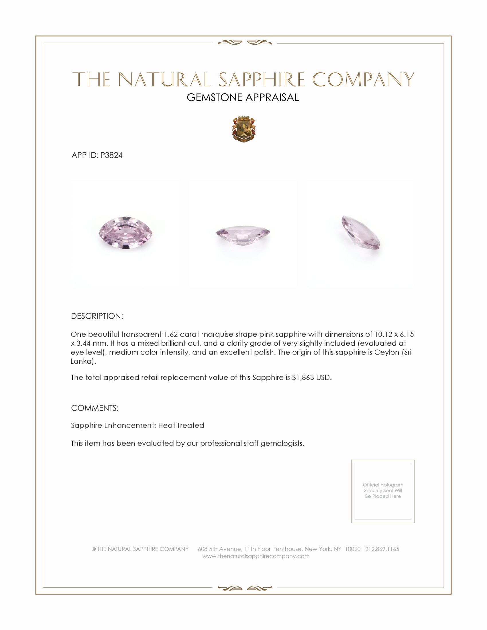 1.62 Ct. Pink Sapphire from Ceylon (Sri Lanka)