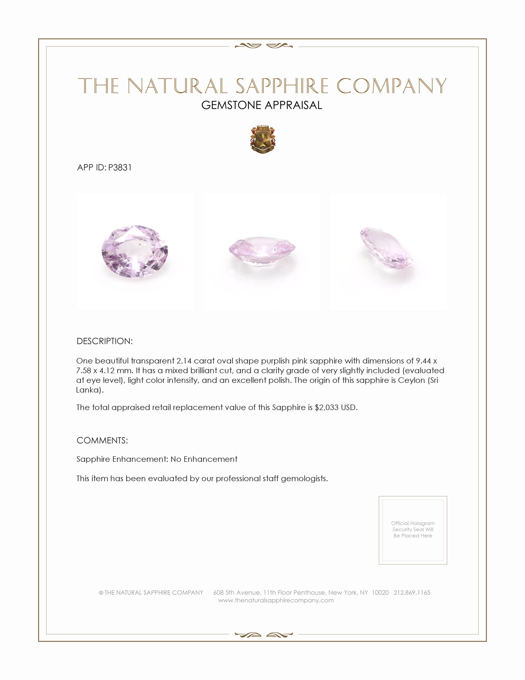 2.14 Ct. Purplish Pink Sapphire from Ceylon (Sri Lanka)
