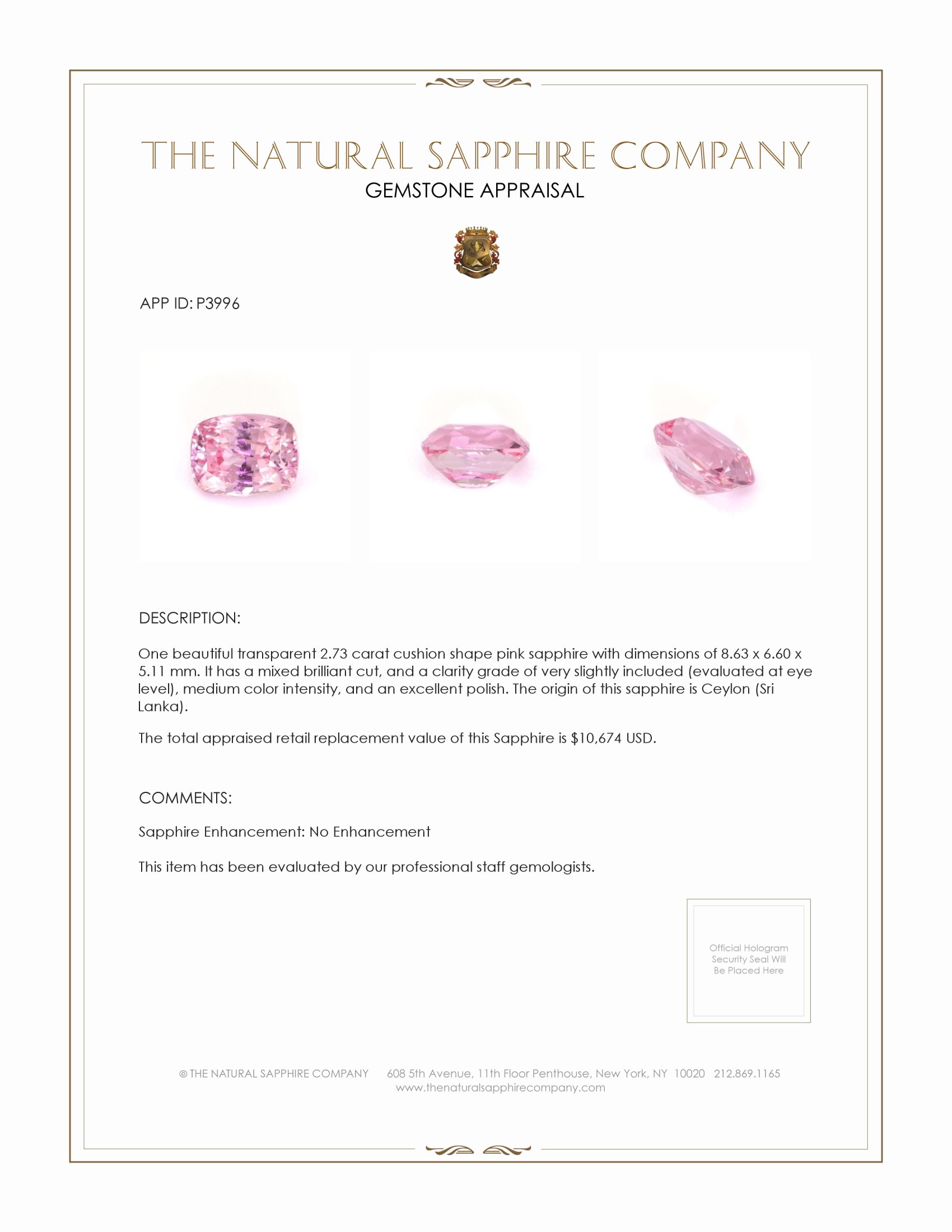 2.73 Ct. Pink Sapphire from Ceylon (Sri Lanka)