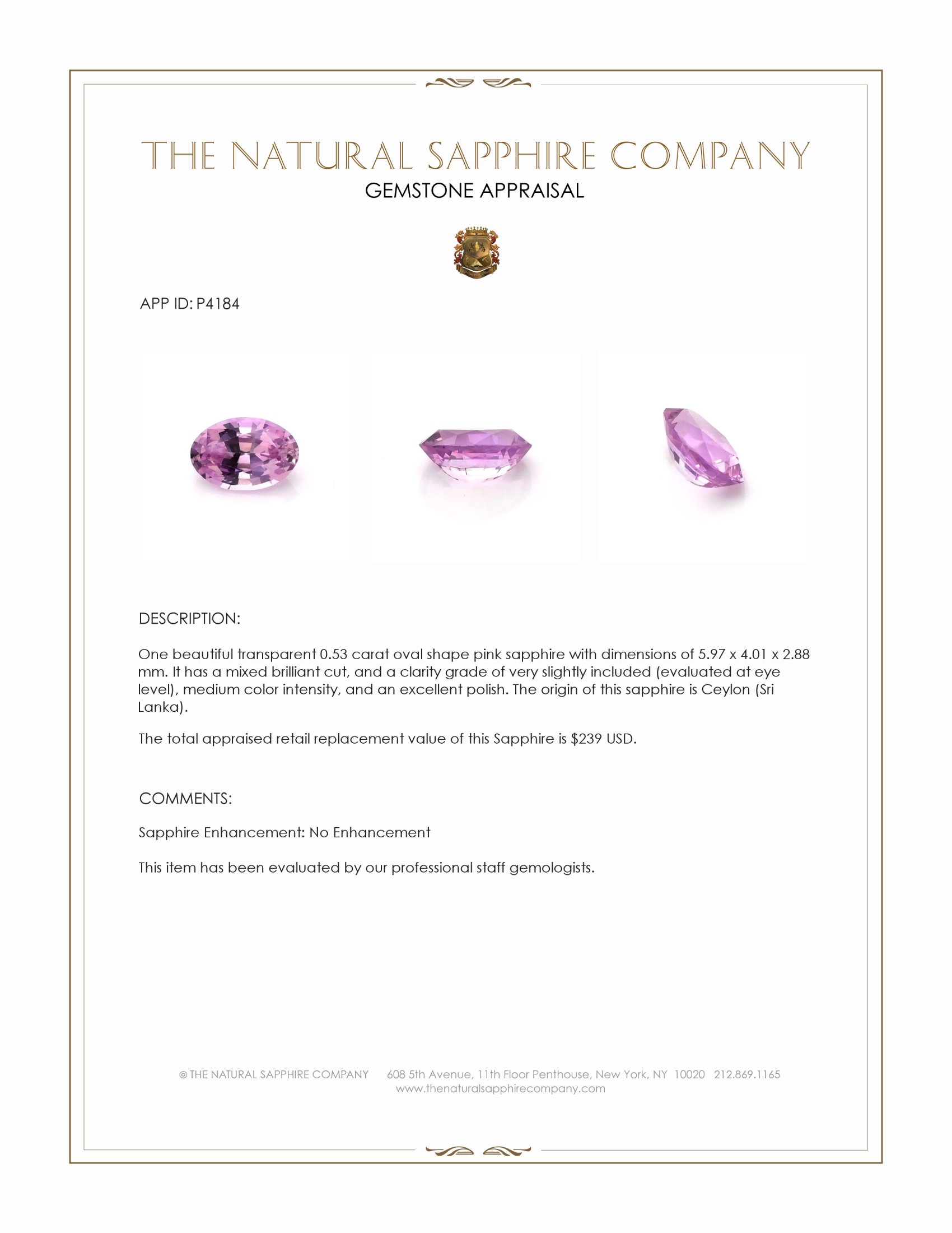 0.53 Ct. Pink Sapphire from Ceylon (Sri Lanka)
