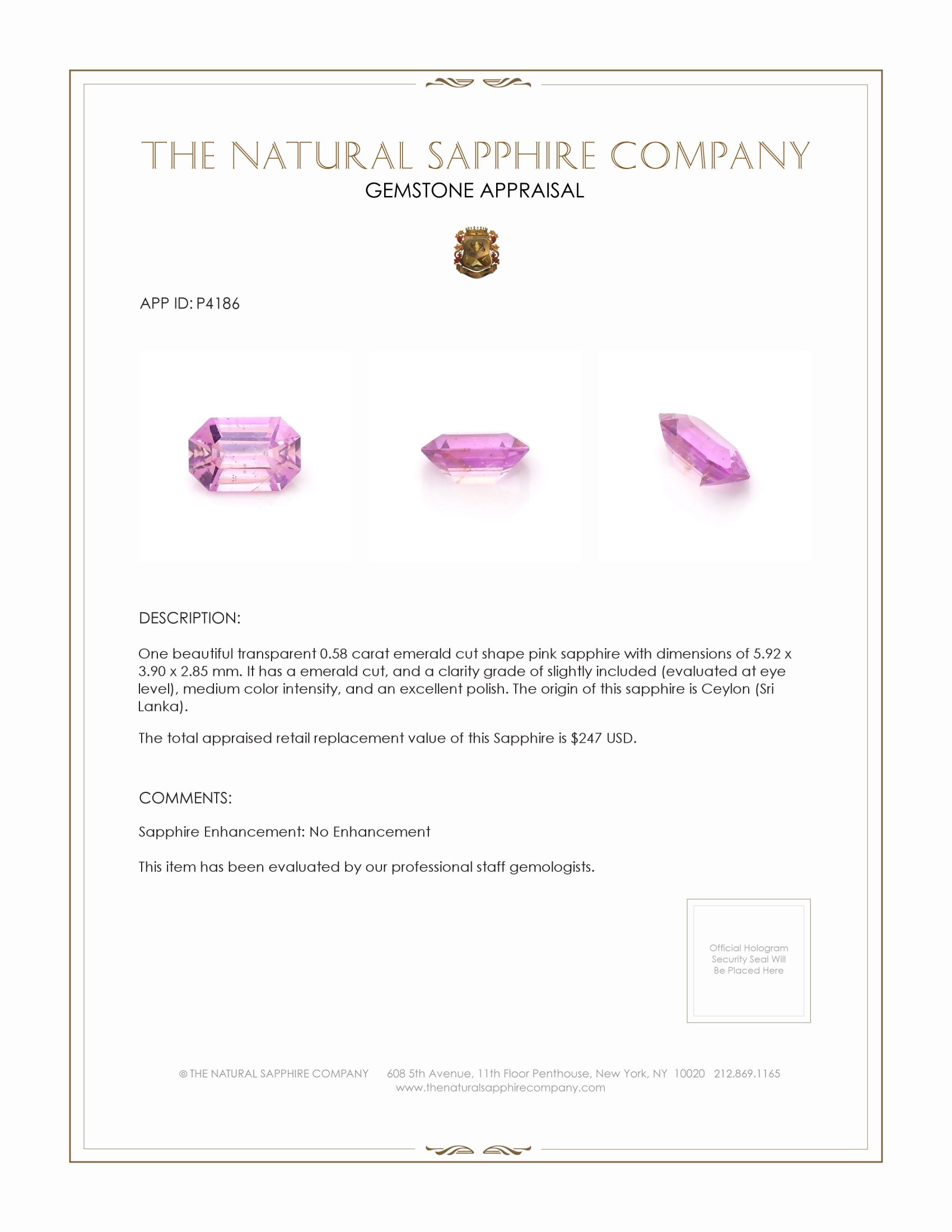 0.58 Ct. Pink Sapphire from Ceylon (Sri Lanka)