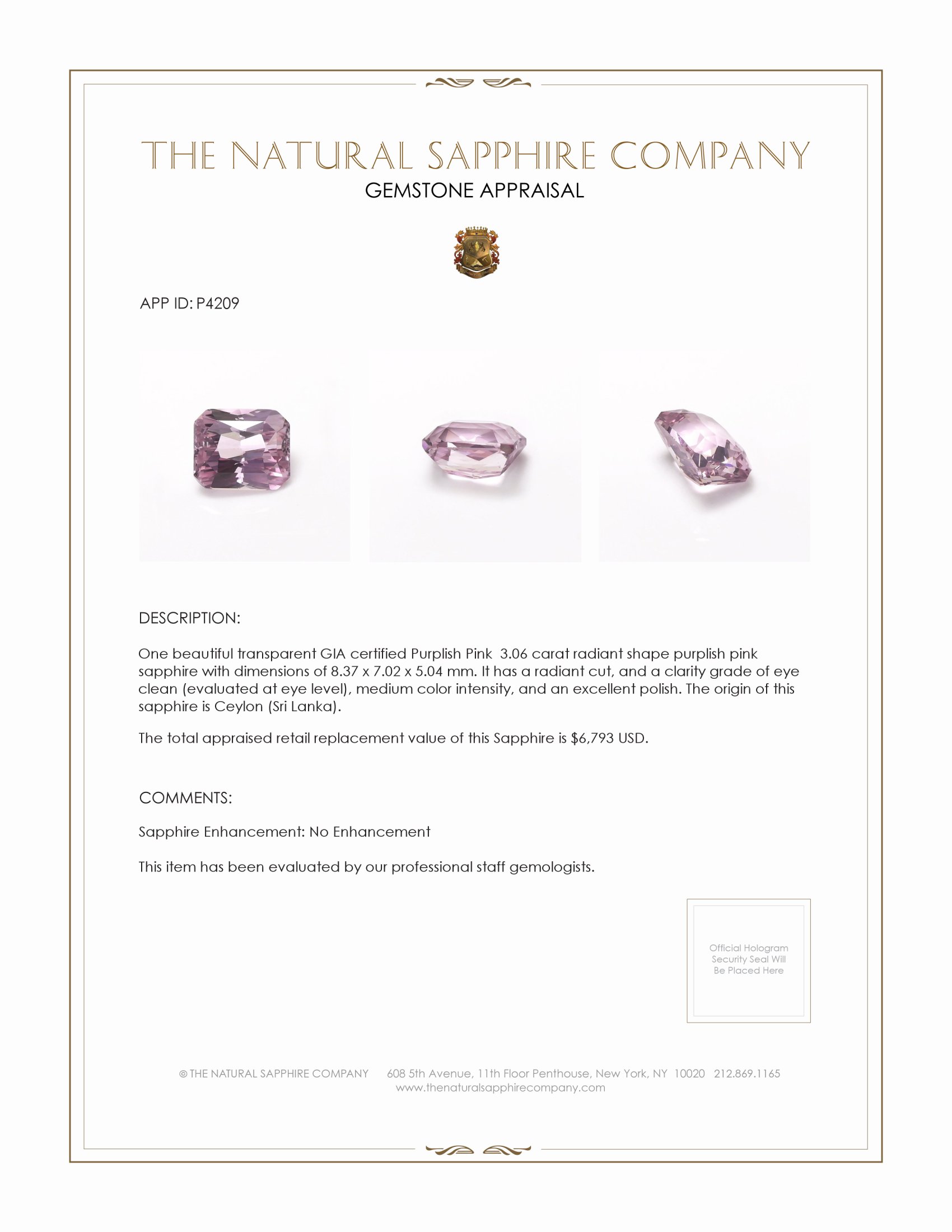 3.06 Ct. Purplish Pink Sapphire from Ceylon (Sri Lanka)