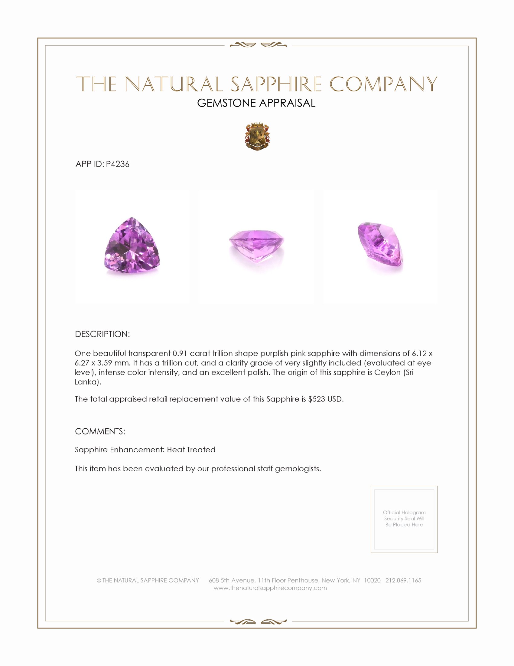 0.91 Ct. Purplish Pink Sapphire from Ceylon (Sri Lanka)