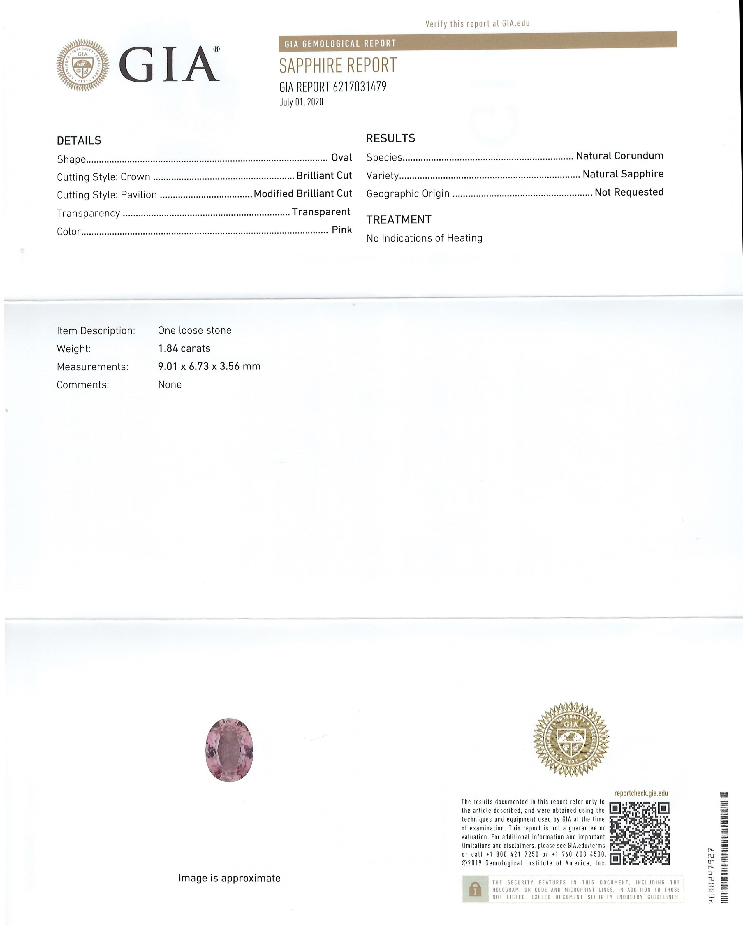 1.84 Ct. Pink Sapphire from Ceylon (Sri Lanka)