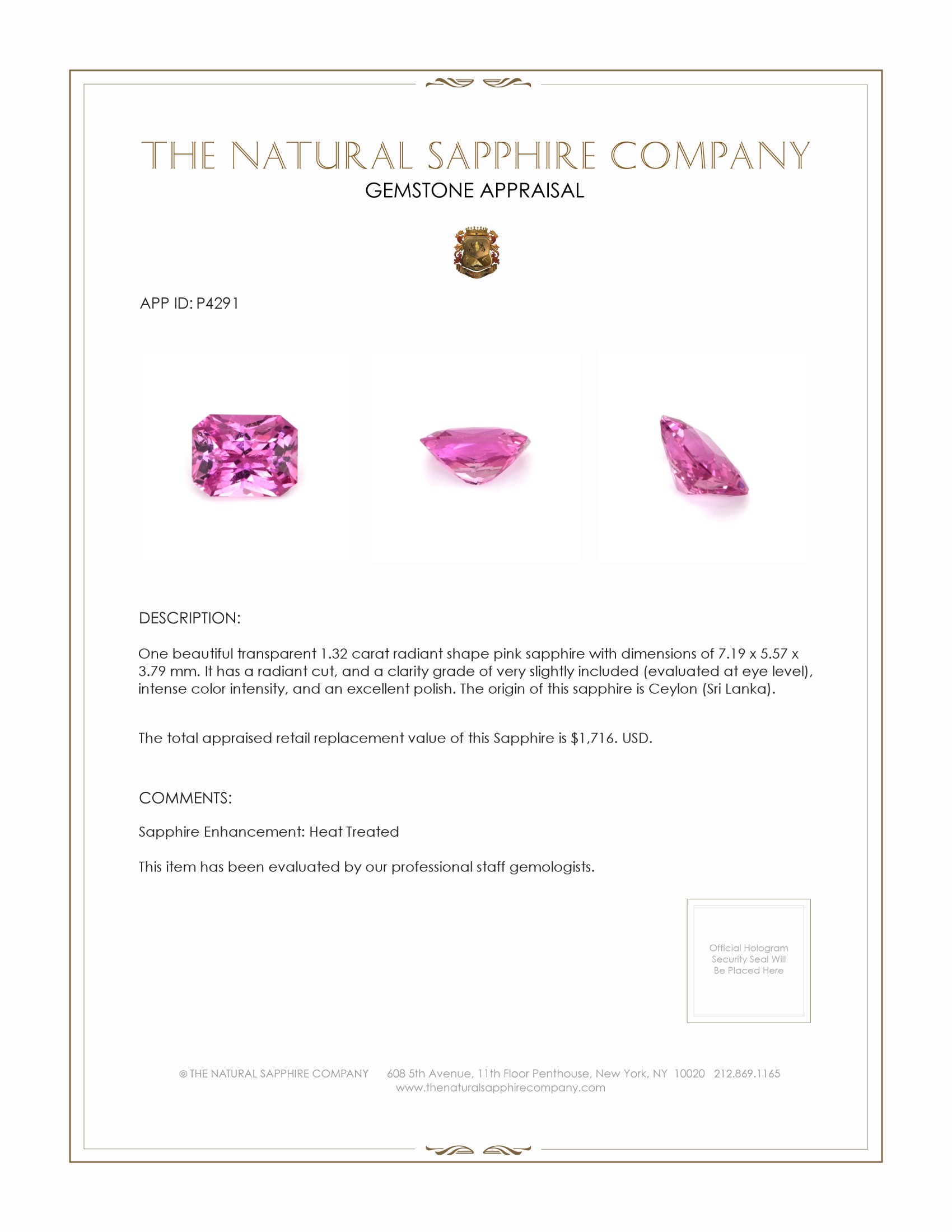 1.32 Ct. Pink Sapphire from Ceylon (Sri Lanka)