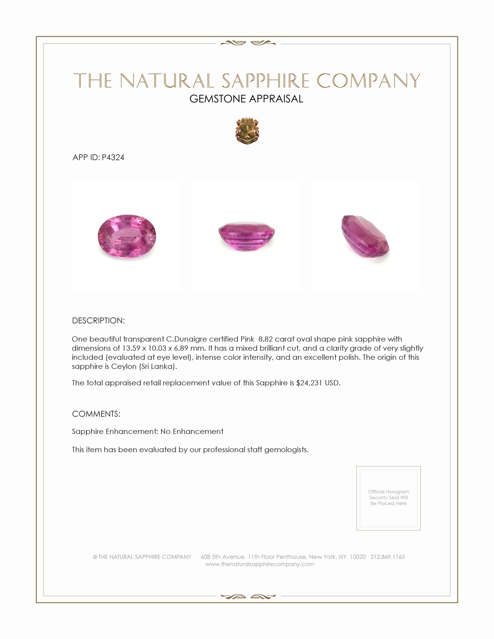 8.82 Ct. Pink Sapphire from Ceylon (Sri Lanka)