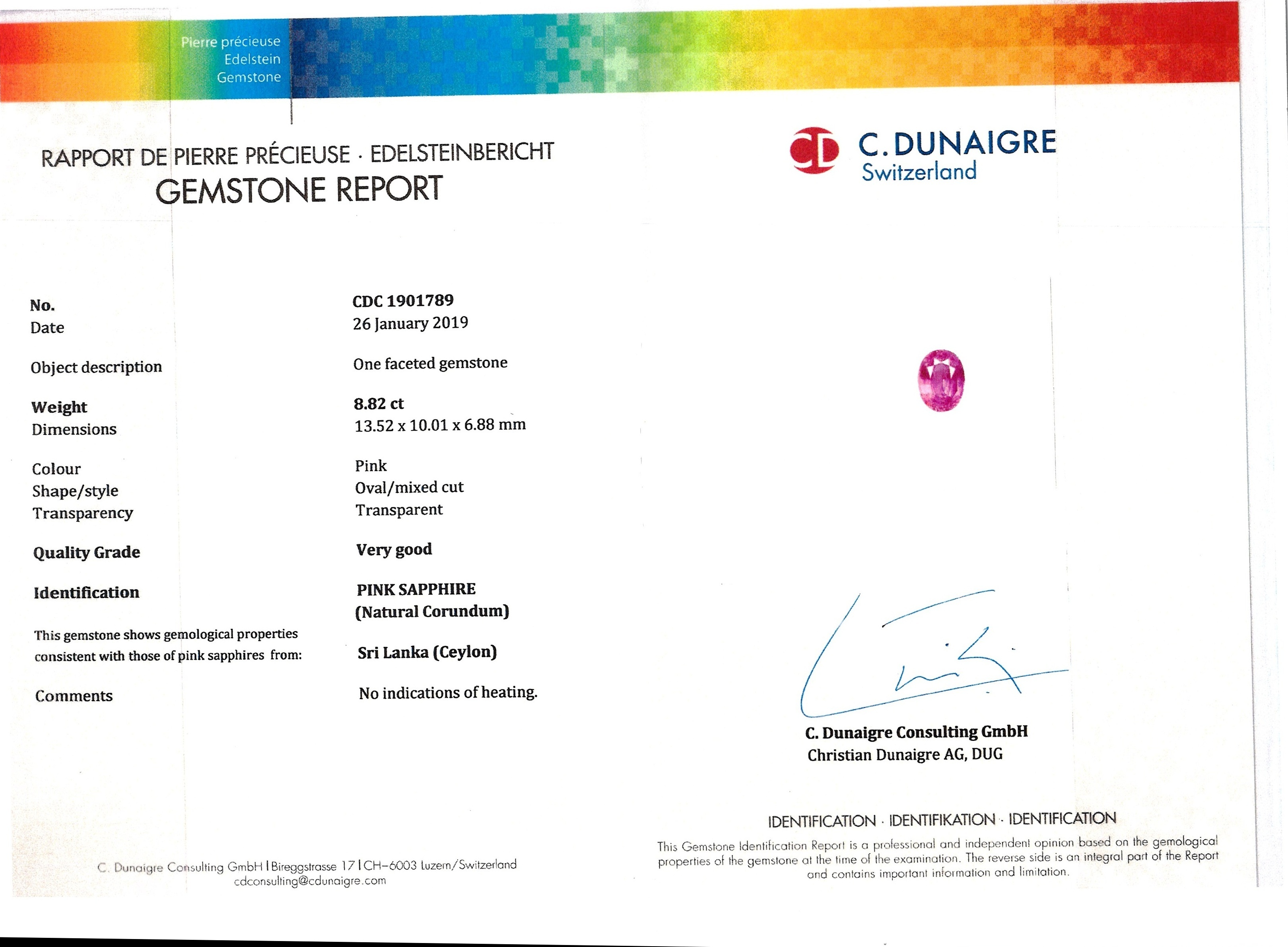 8.82 Ct. Pink Sapphire from Ceylon (Sri Lanka)