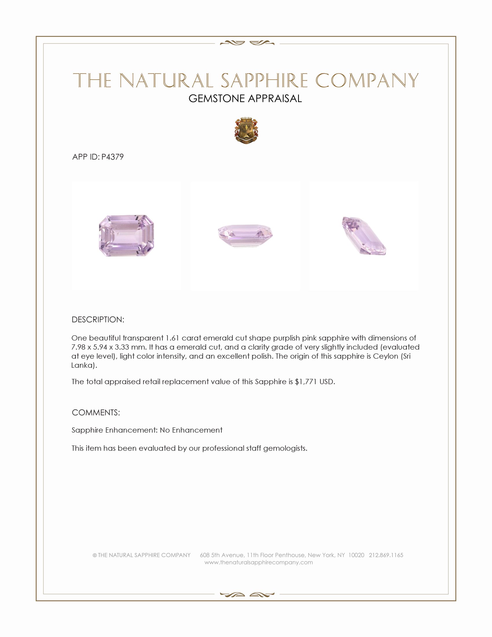 1.61 Ct. Purplish Pink Sapphire from Ceylon (Sri Lanka)