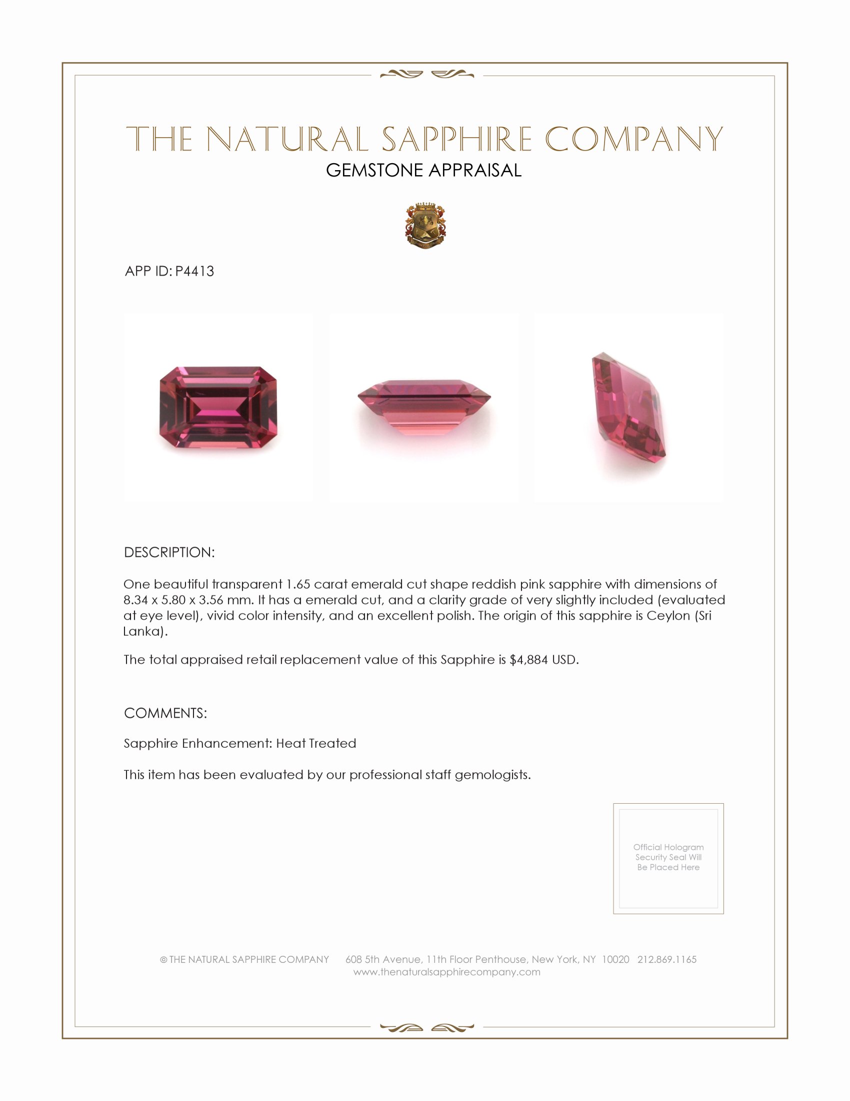 1.65 Ct. Reddish Pink Sapphire from Ceylon (Sri Lanka)