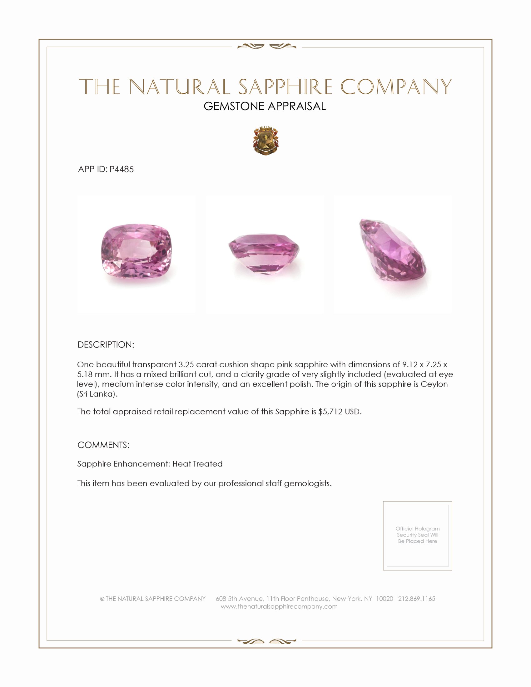 3.25 Ct. Purplish Pink Sapphire from Ceylon (Sri Lanka)