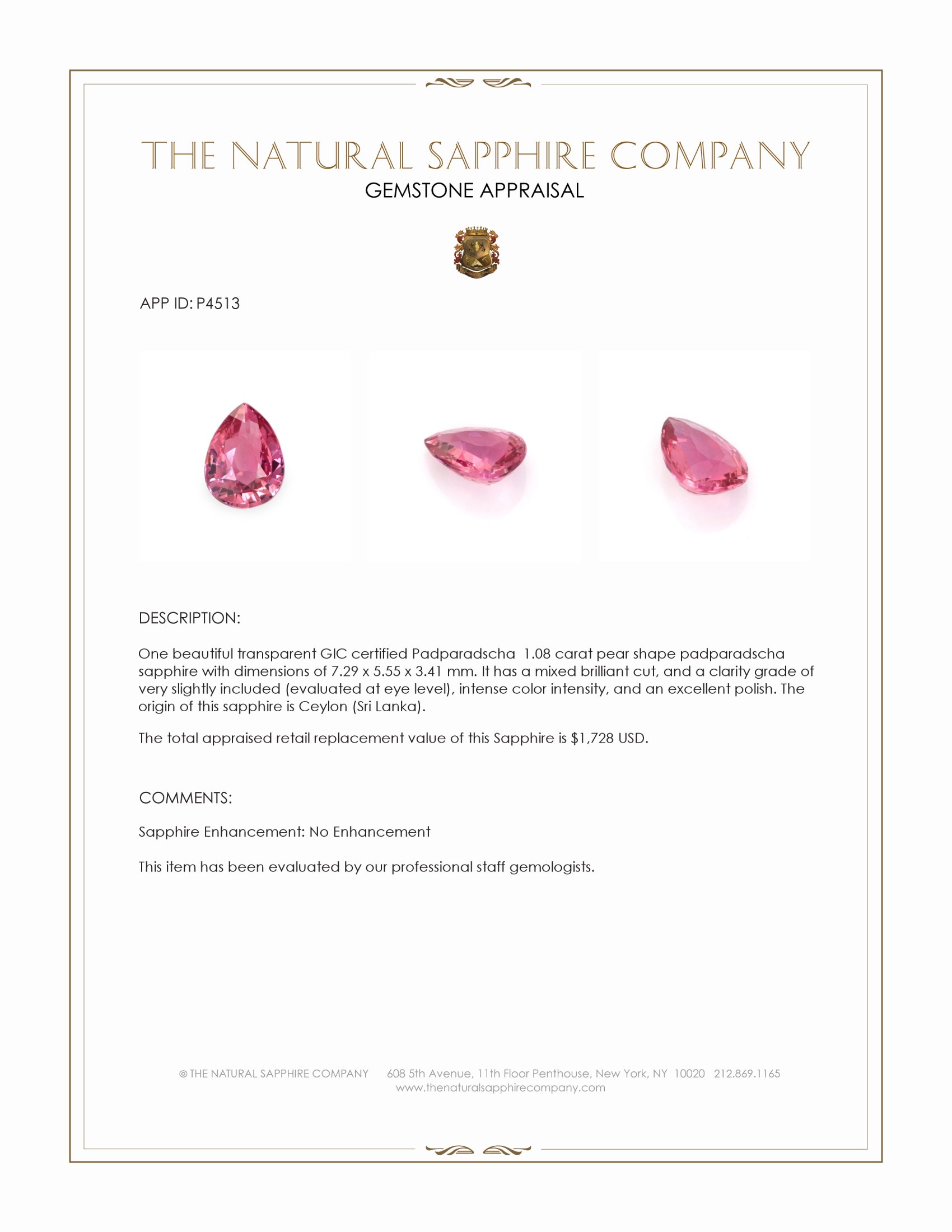 1.08 Ct. Padparadscha Sapphire from Ceylon (Sri Lanka)