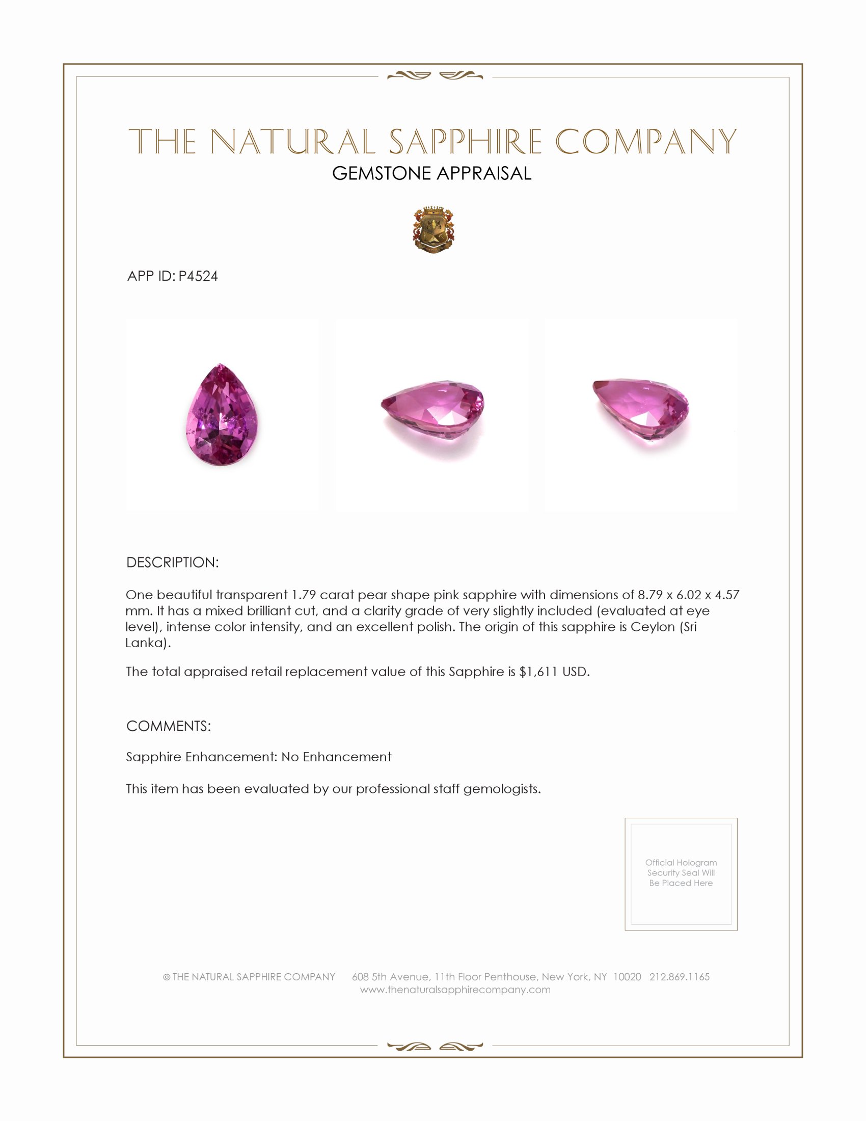 1.79 Ct. Pink Sapphire from Ceylon (Sri Lanka)