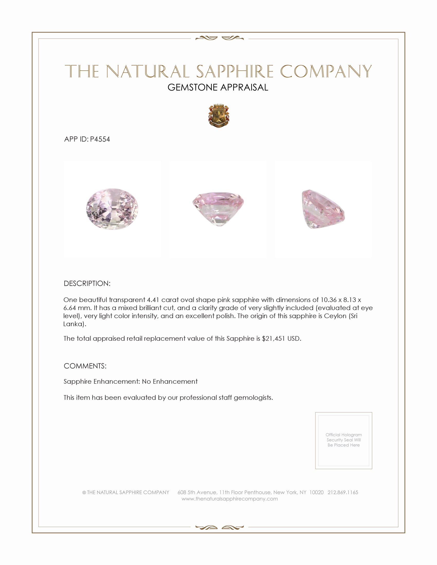 4.41 Ct. Pink Sapphire from Ceylon (Sri Lanka)