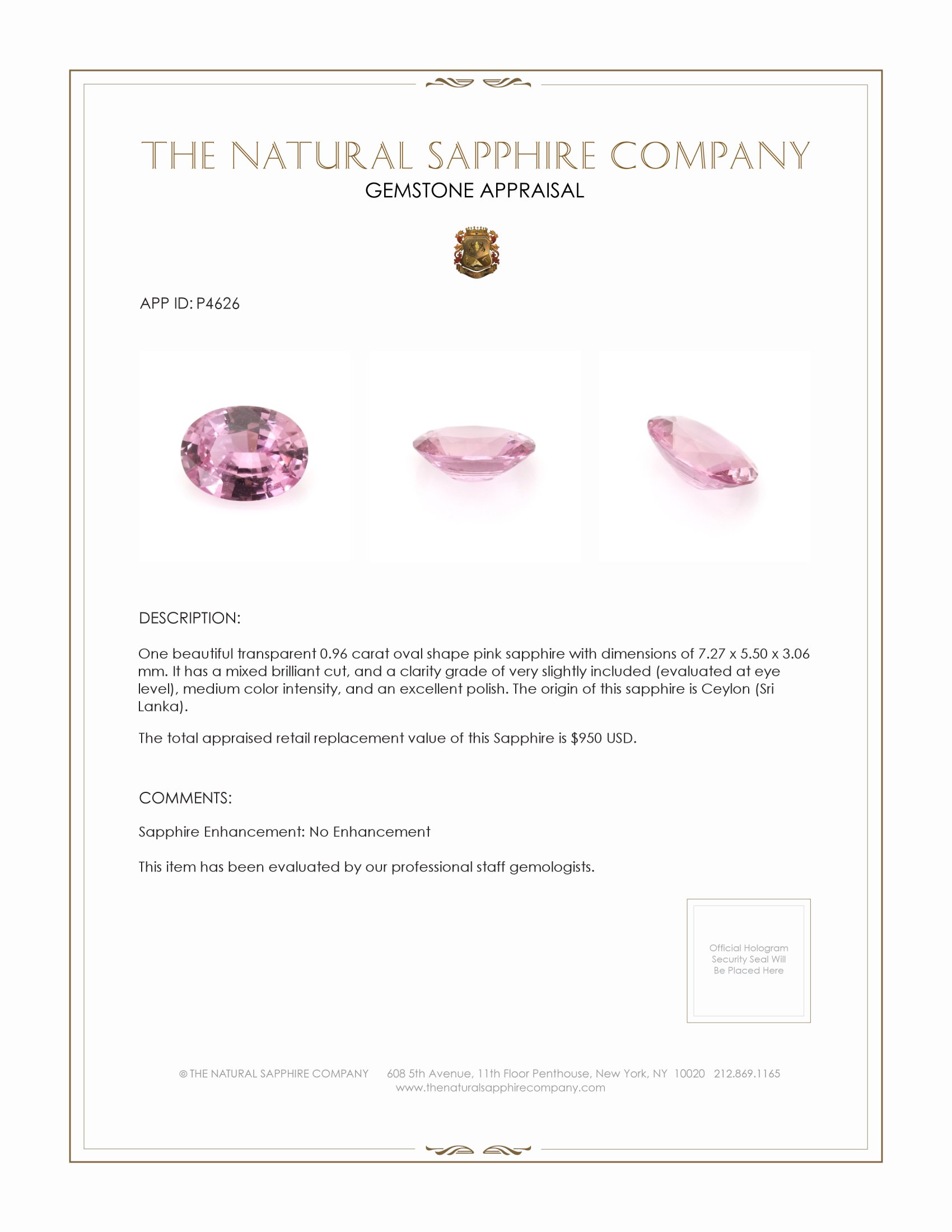 0.96 Ct. Pink Sapphire from Ceylon (Sri Lanka)