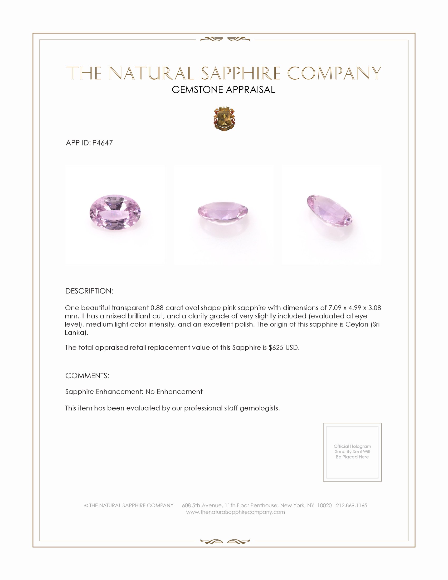 0.88 Ct. Pink Sapphire from Ceylon (Sri Lanka)