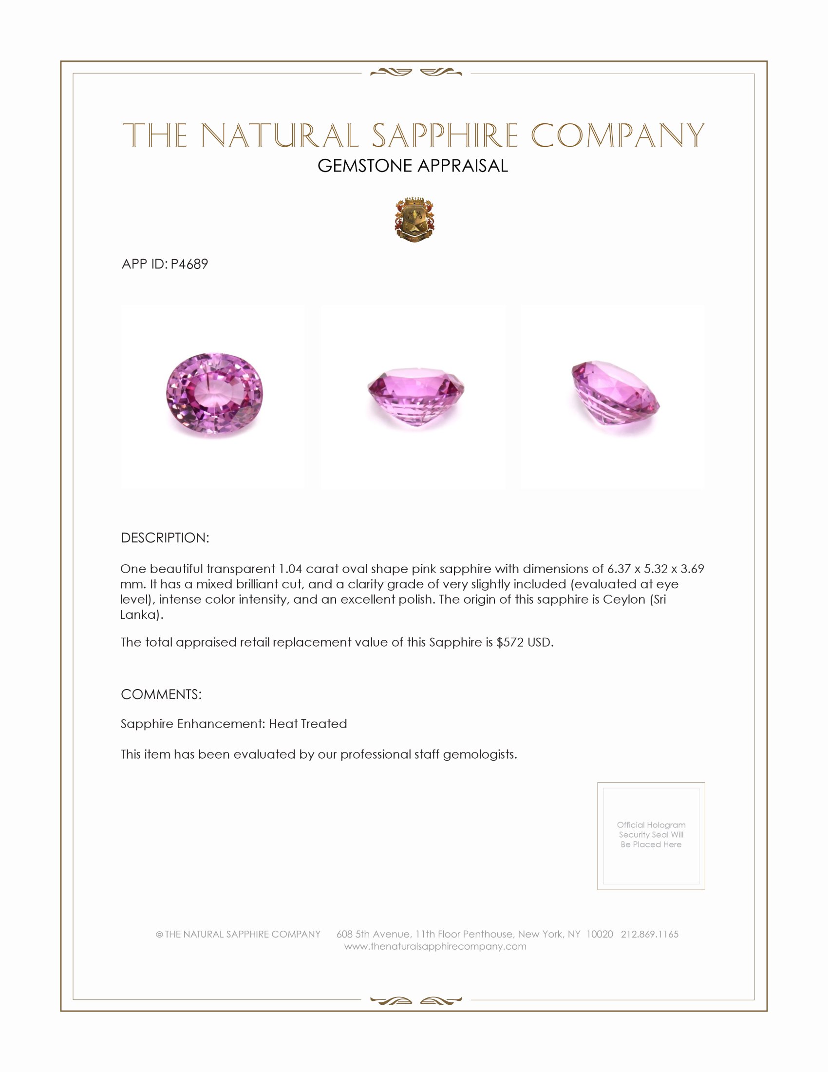 1.04 Ct. Pink Sapphire from Ceylon (Sri Lanka)