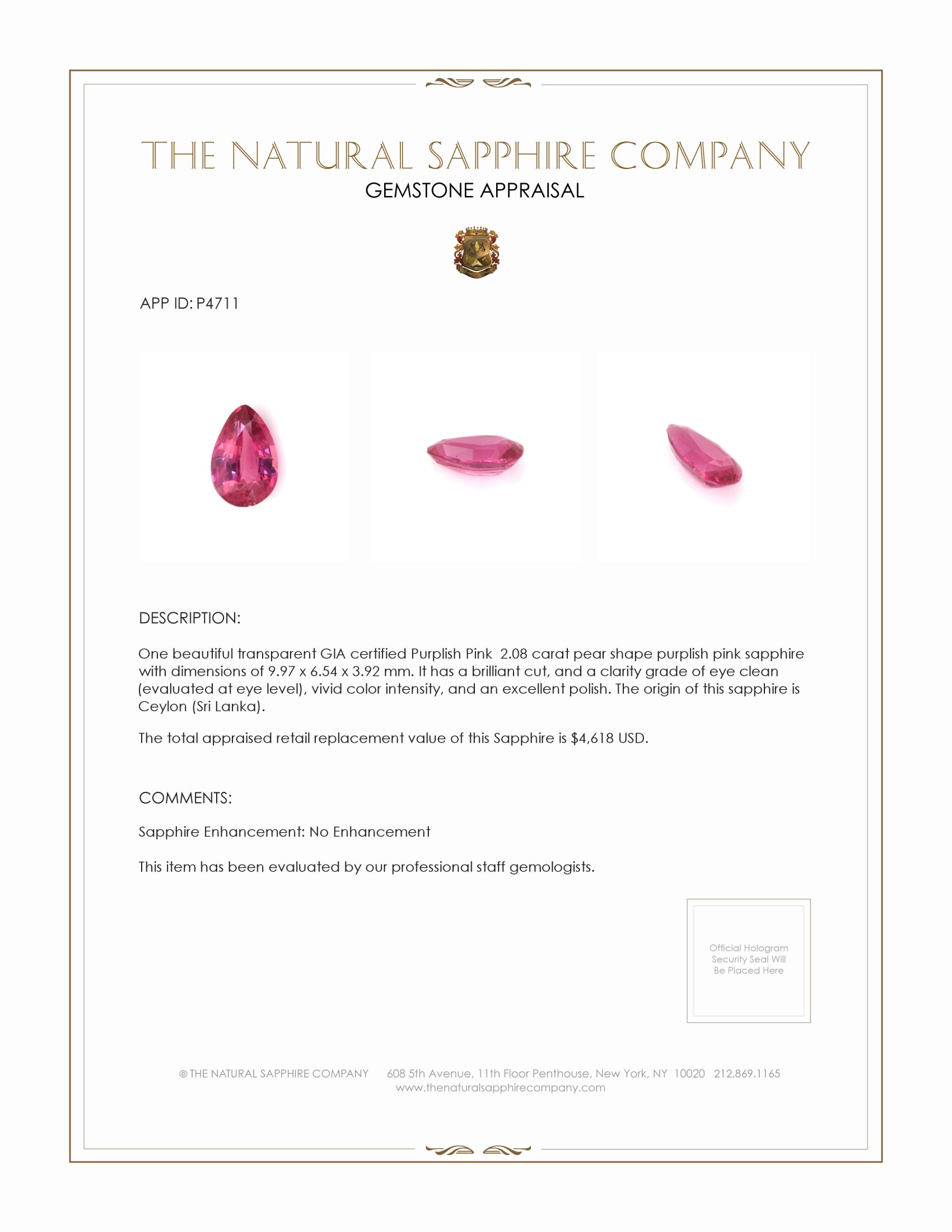 2.08 Ct. Purplish Pink Sapphire from Ceylon (Sri Lanka)