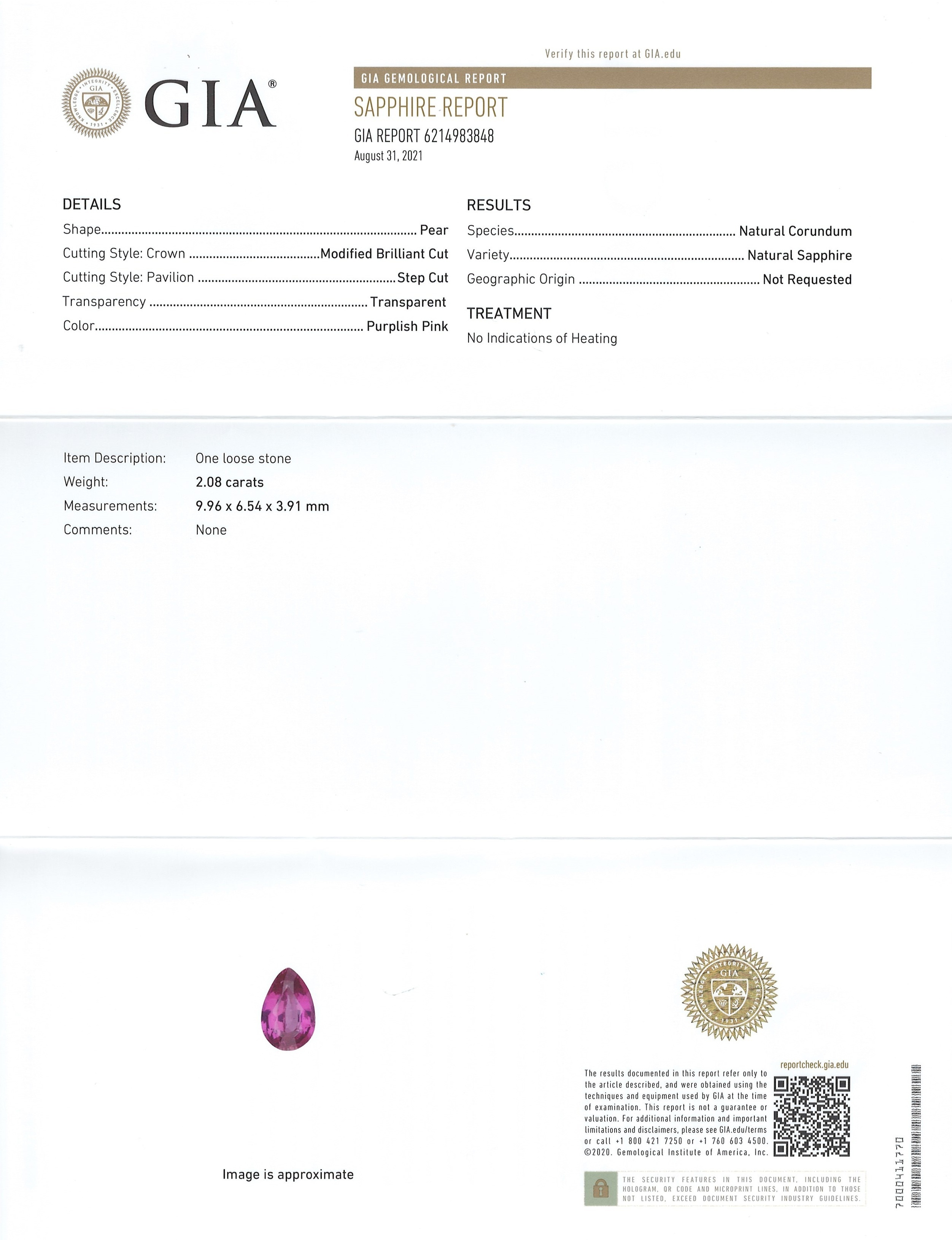 2.08 Ct. Purplish Pink Sapphire from Ceylon (Sri Lanka)