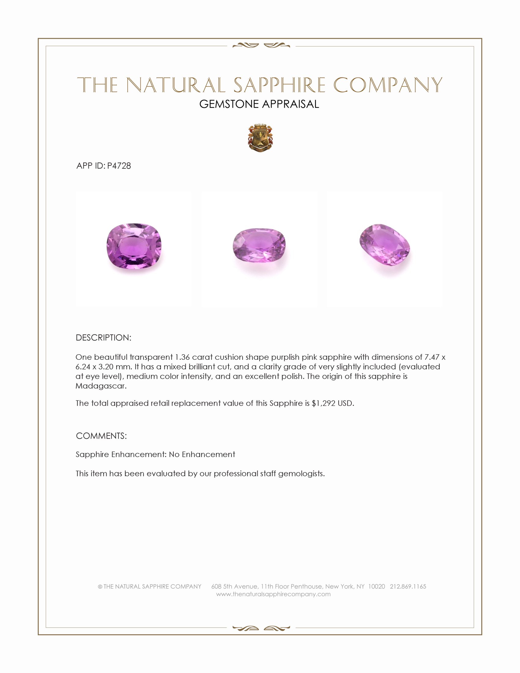 1.36 Ct. Purplish Pink Sapphire from Madagascar