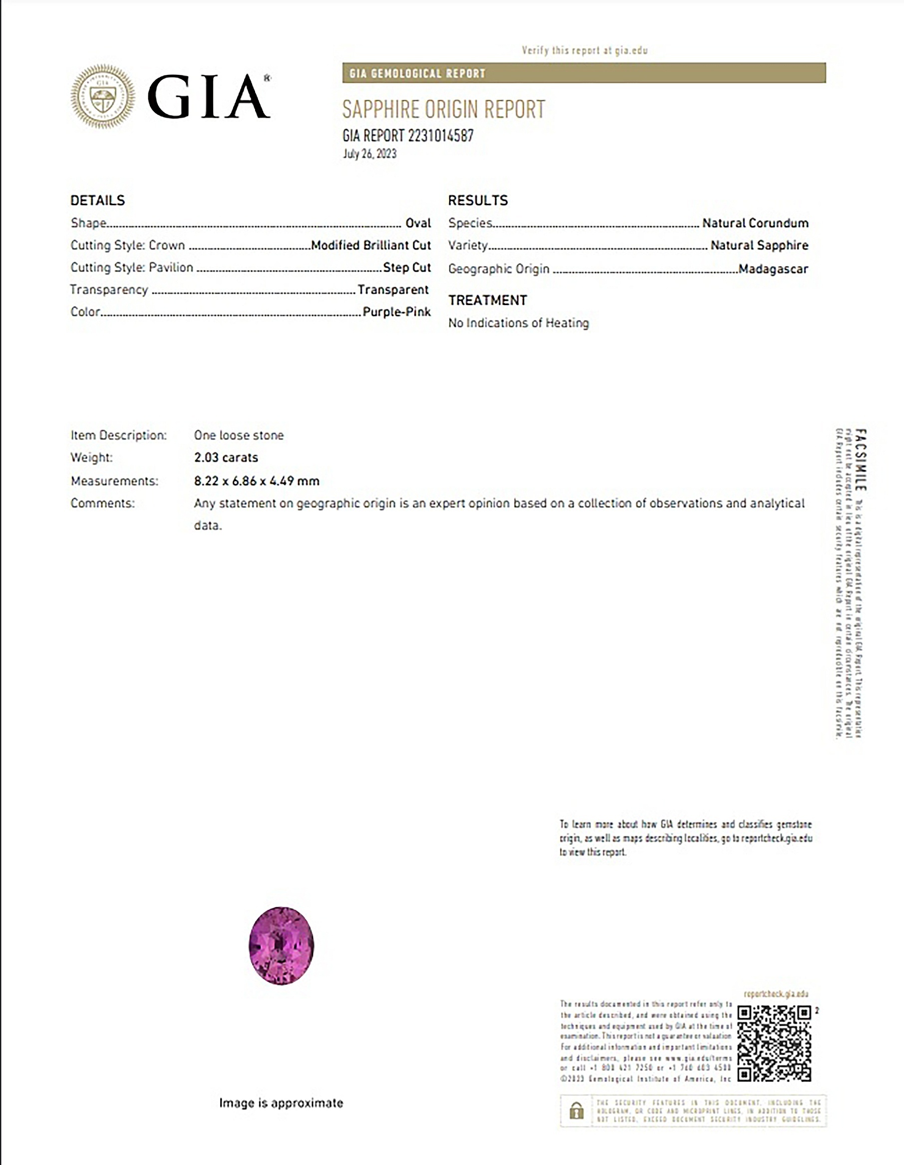 2.03 Ct. Purplish Pink Sapphire from Madagascar