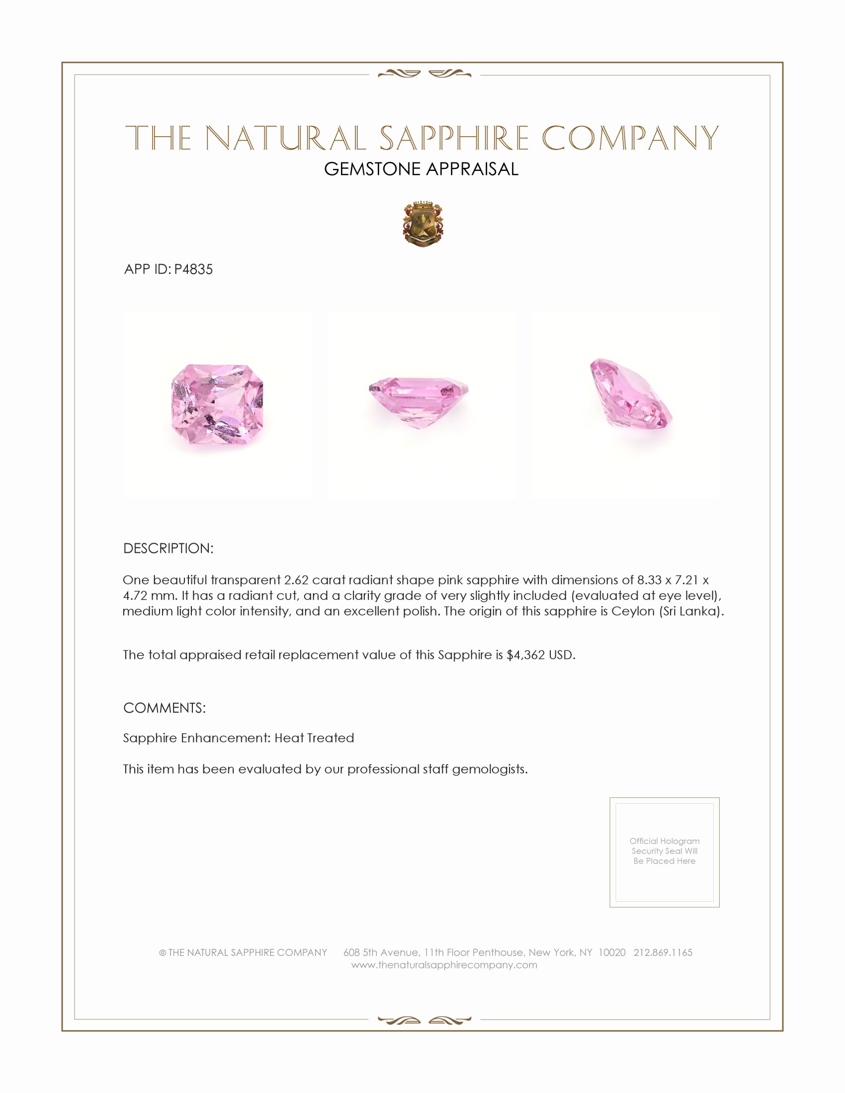 2.62 Ct. Pink Sapphire from Ceylon (Sri Lanka)