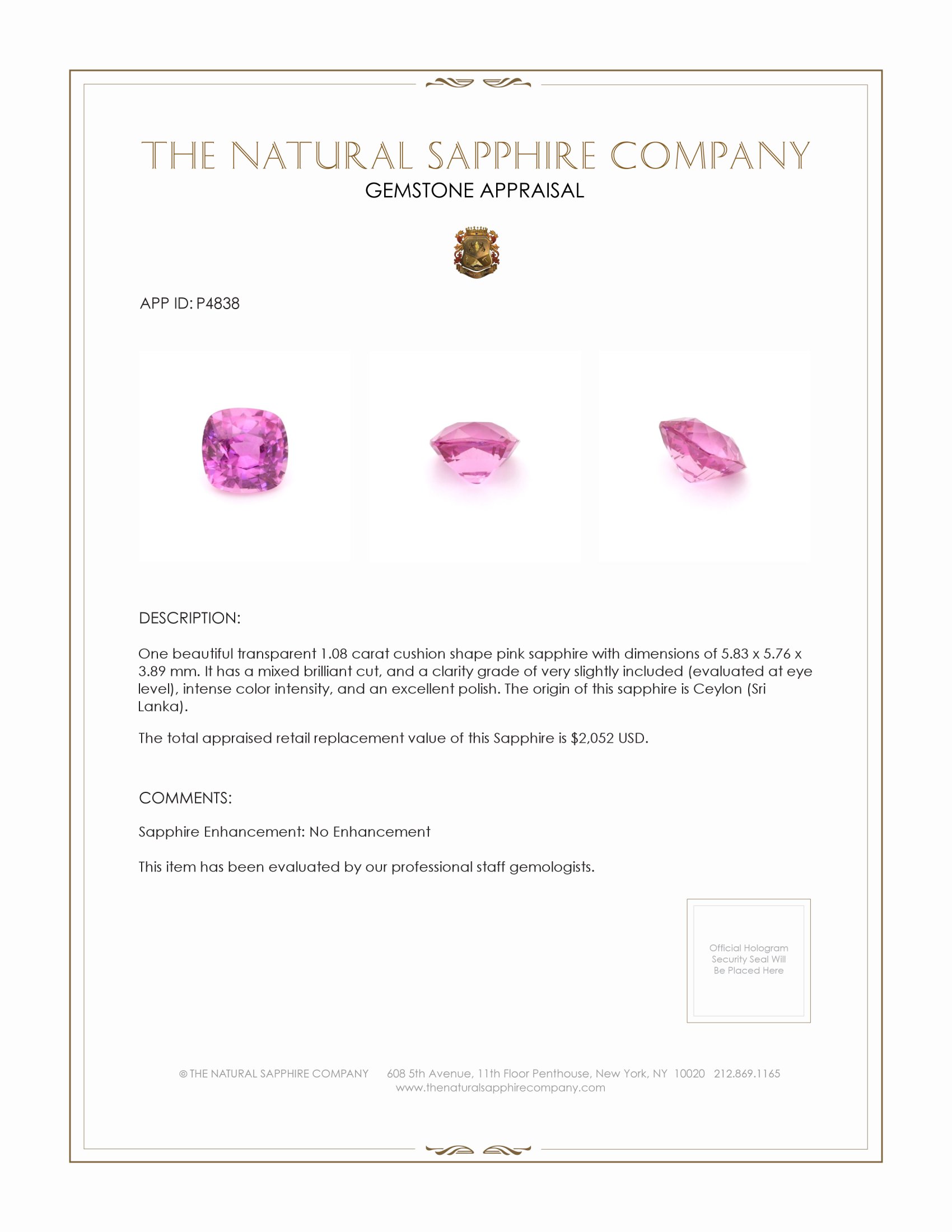 1.08 Ct. Pink Sapphire from Ceylon (Sri Lanka)
