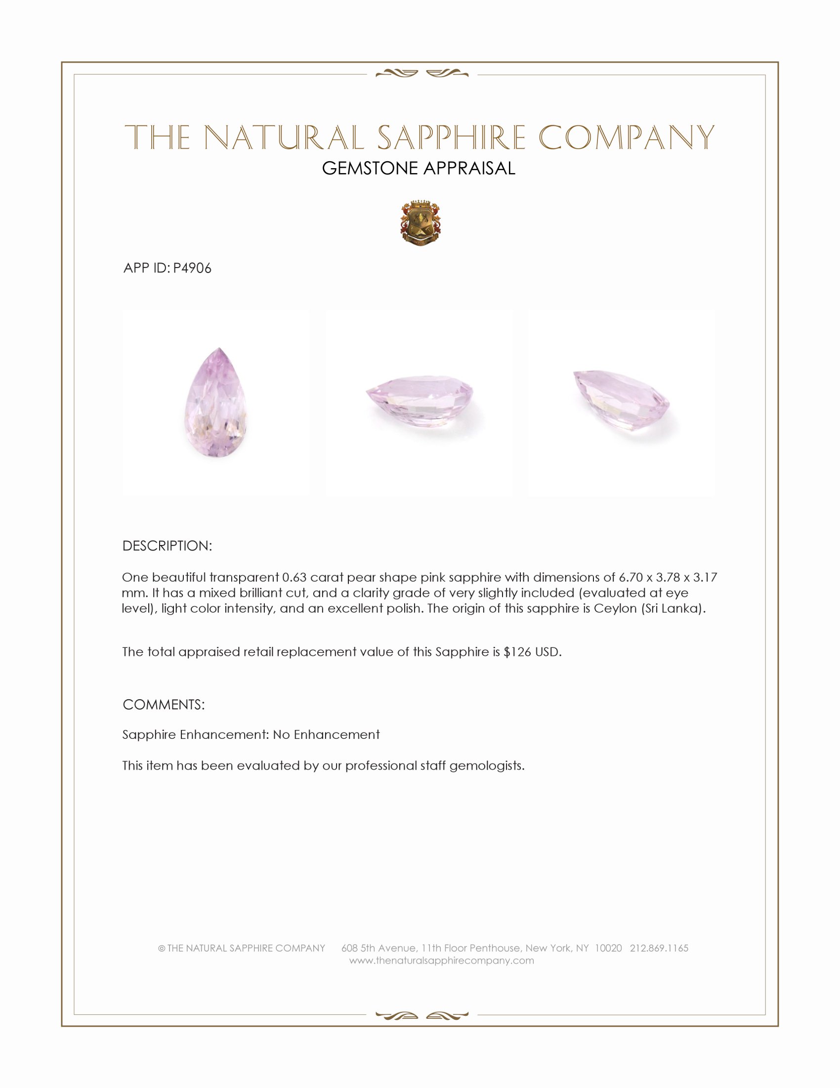 0.63 Ct. Pink Sapphire from Ceylon (Sri Lanka)
