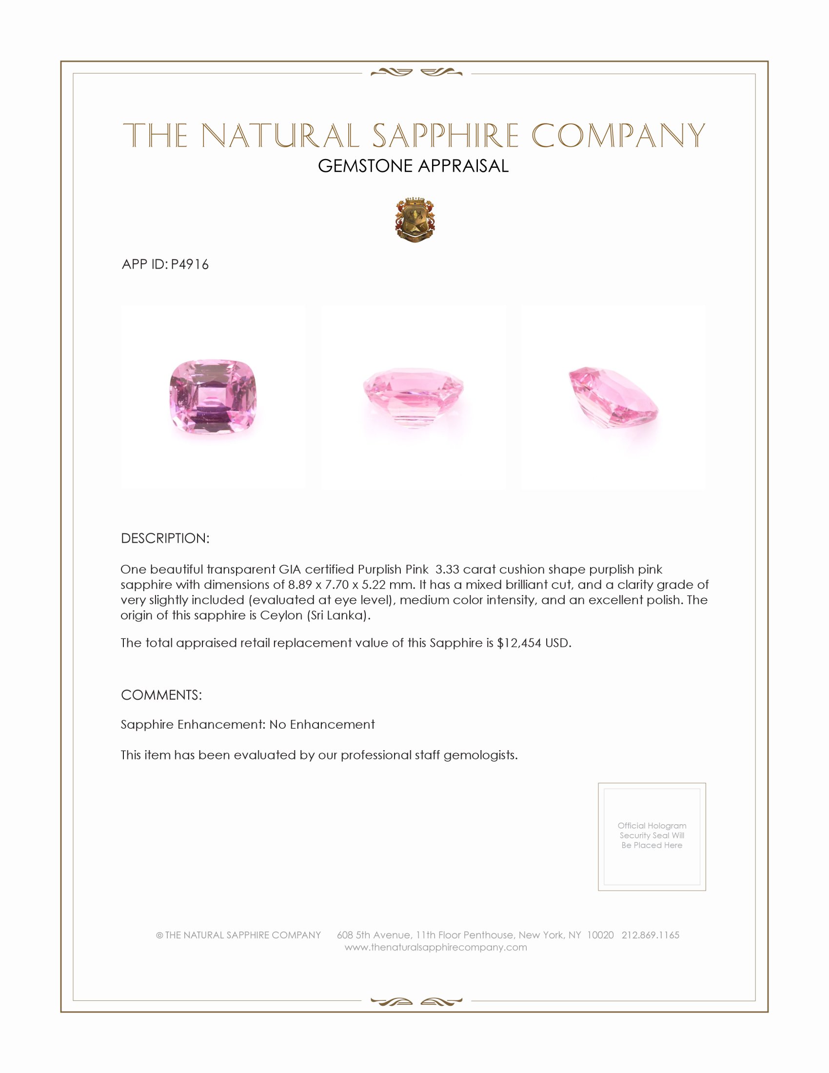 3.33 Ct. Purplish Pink Sapphire from Ceylon (Sri Lanka)