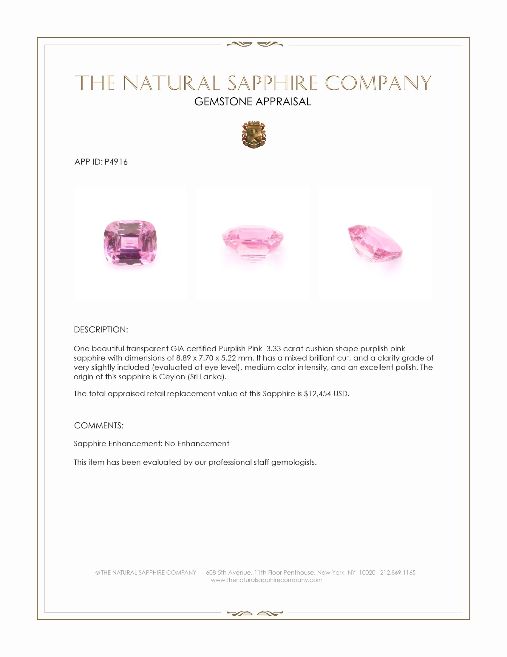 3.33 Ct. Purplish Pink Sapphire from Ceylon (Sri Lanka)