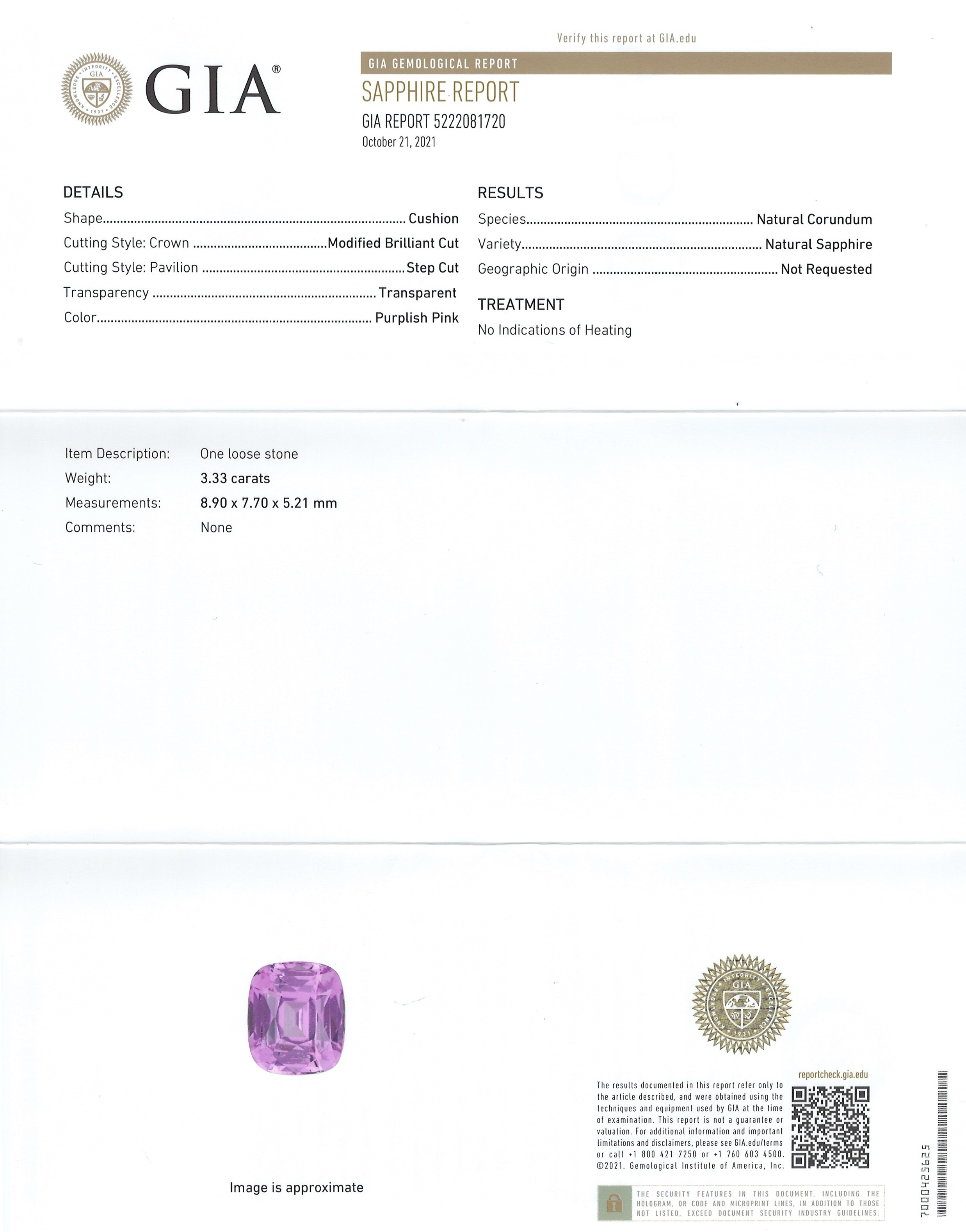 3.33 Ct. Purplish Pink Sapphire from Ceylon (Sri Lanka)