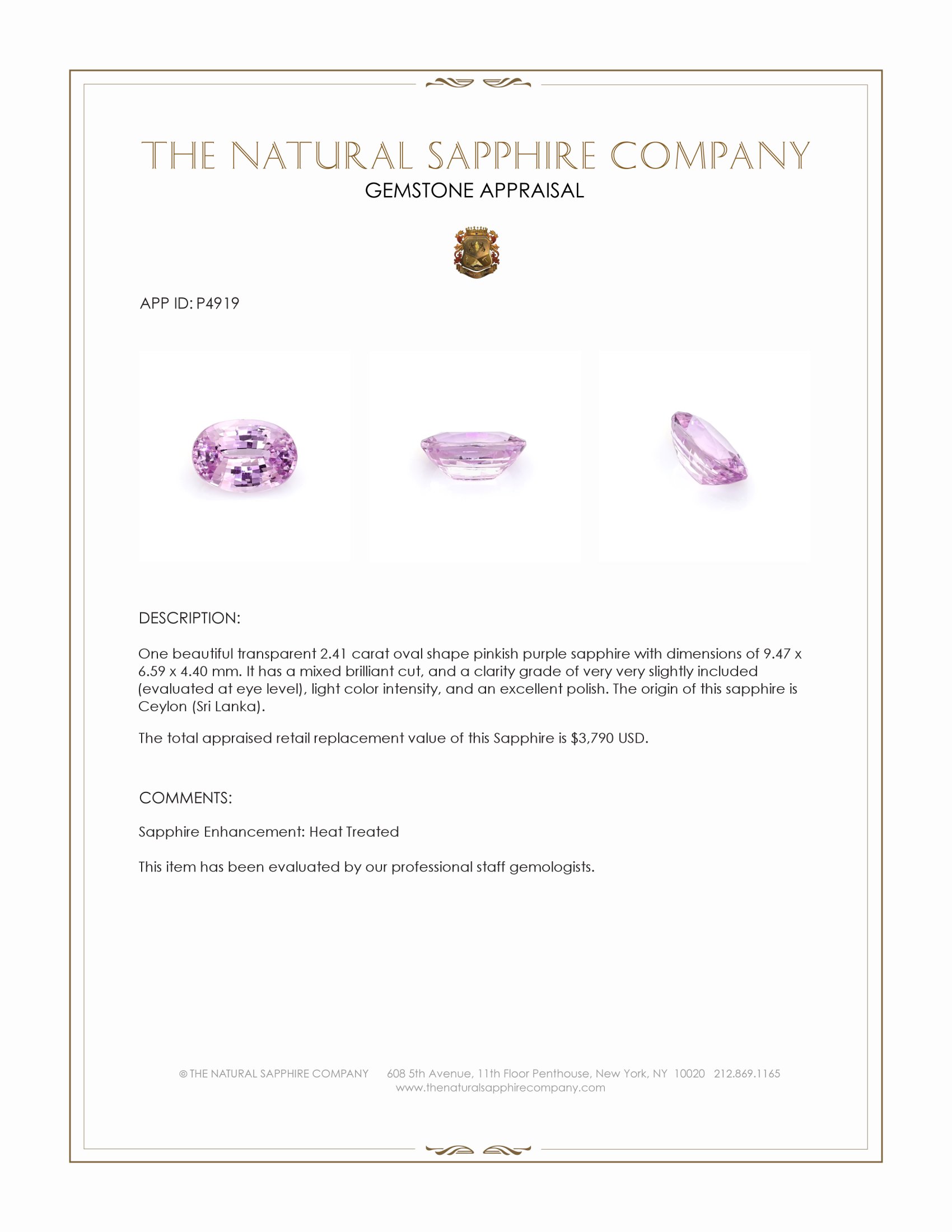 2.41 Ct. Pinkish Purple Sapphire from Ceylon (Sri Lanka)