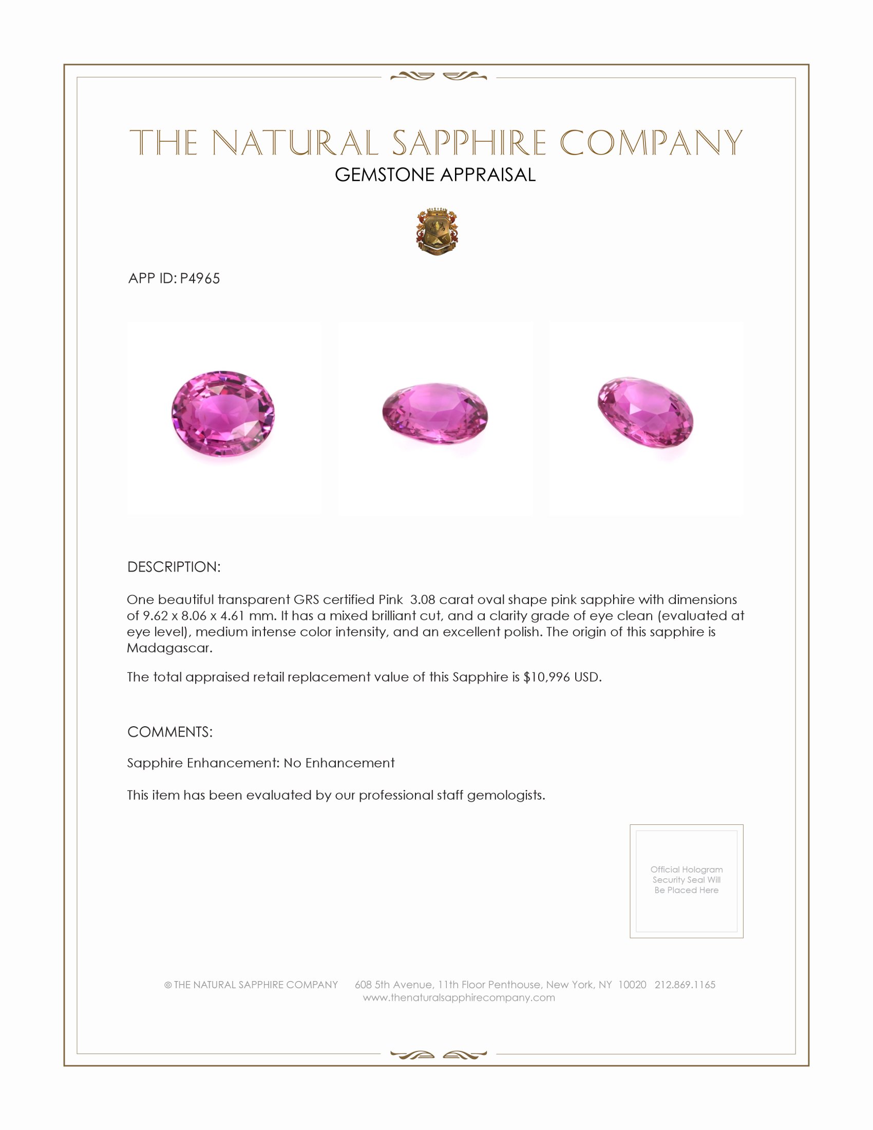 3.08 Ct. Pink Sapphire from Madagascar