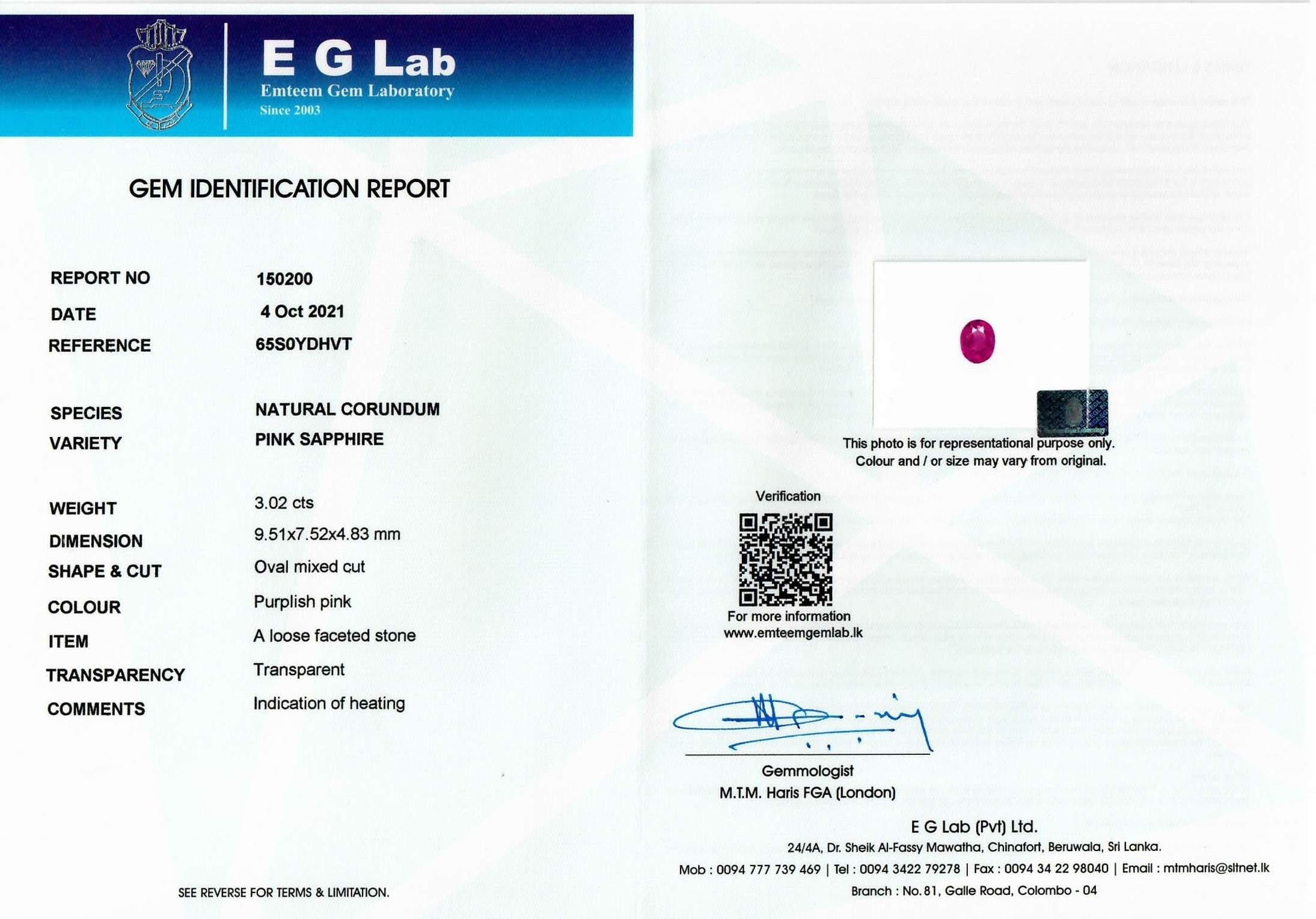 3.02 Ct. Purplish Pink Sapphire from Ceylon (Sri Lanka)