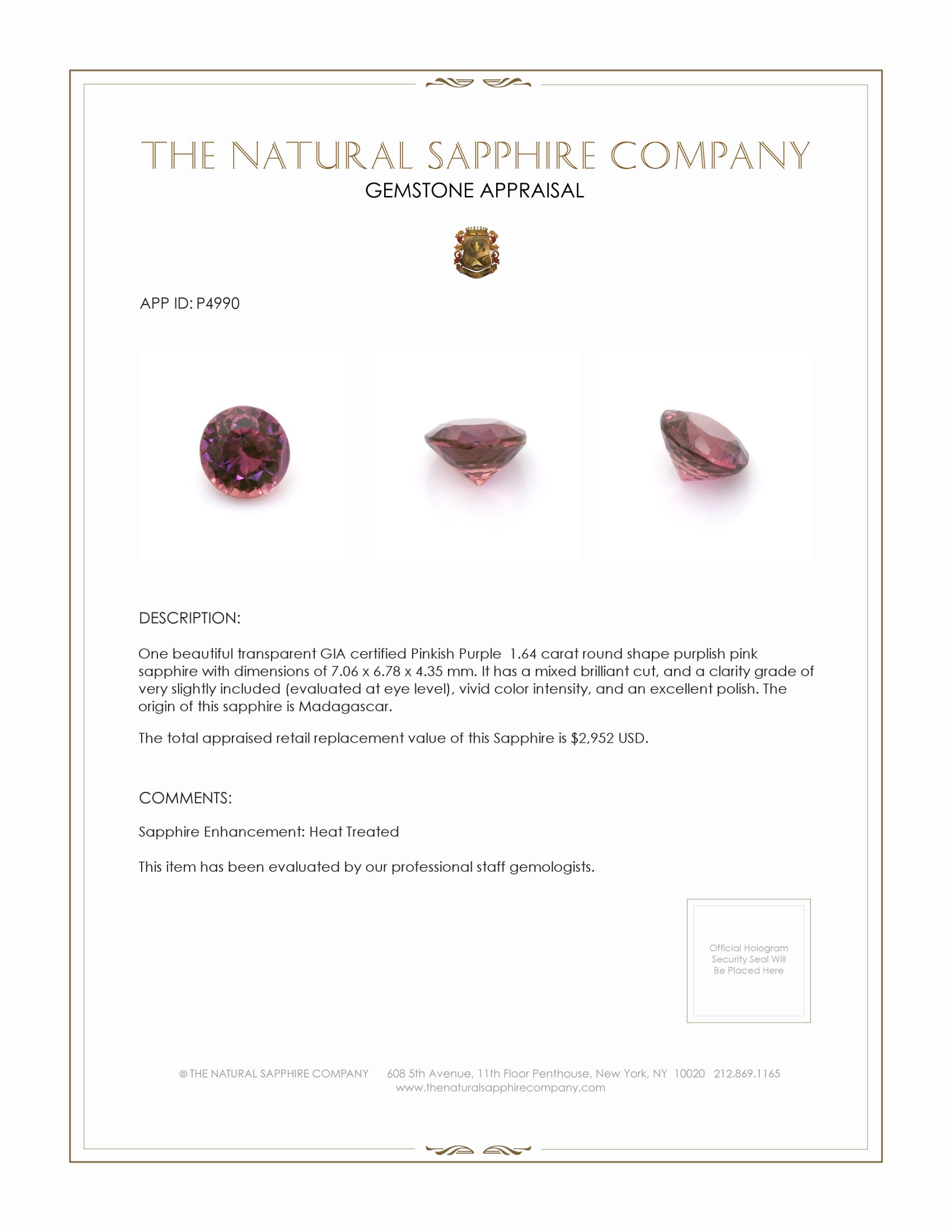 1.64 Ct. Purplish Pink Sapphire from Madagascar