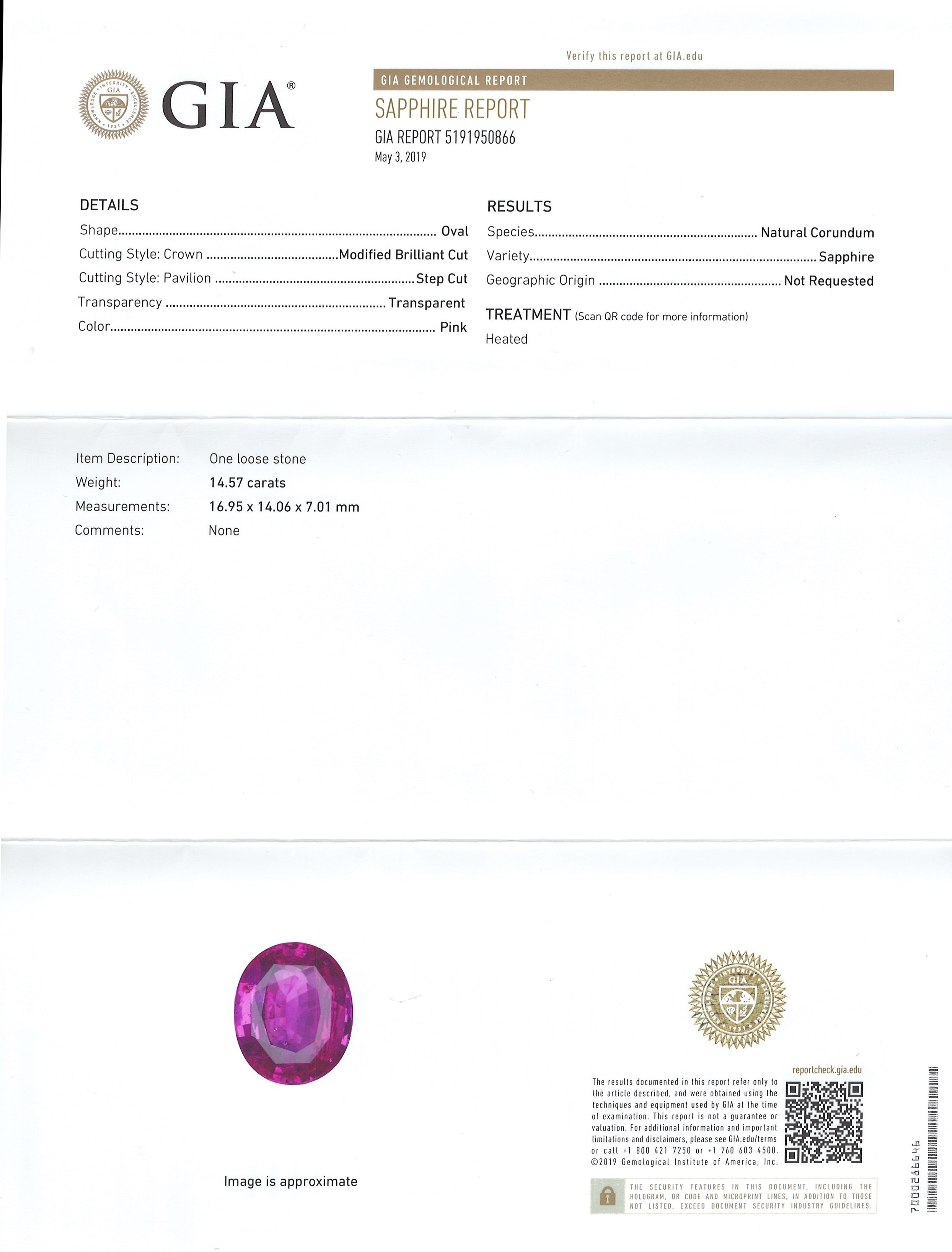 14.57 Ct. Purplish Pink Sapphire from Ceylon (Sri Lanka)