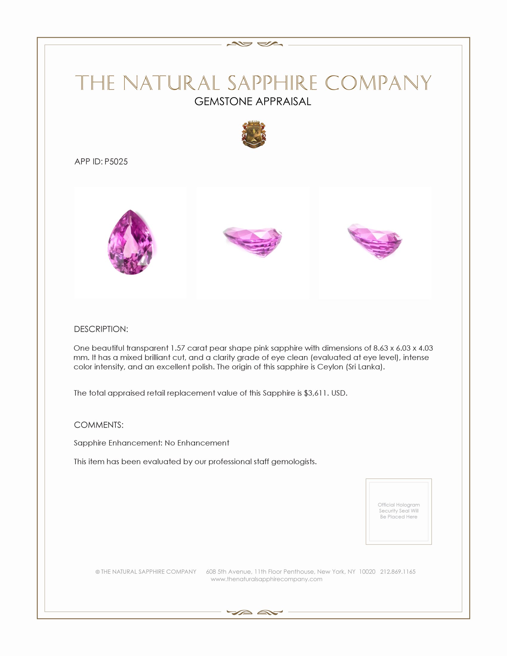 1.57 Ct. Pink Sapphire from Ceylon (Sri Lanka)