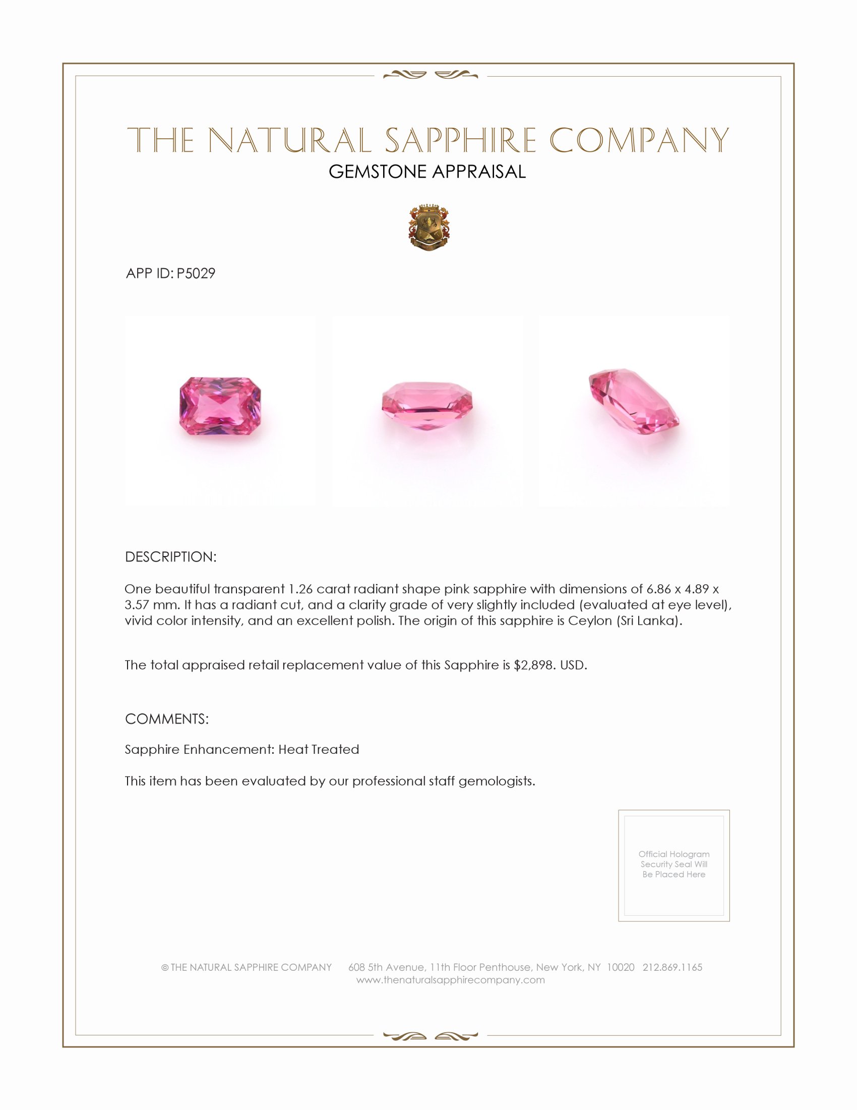 1.26 Ct. Pink Sapphire from Ceylon (Sri Lanka)