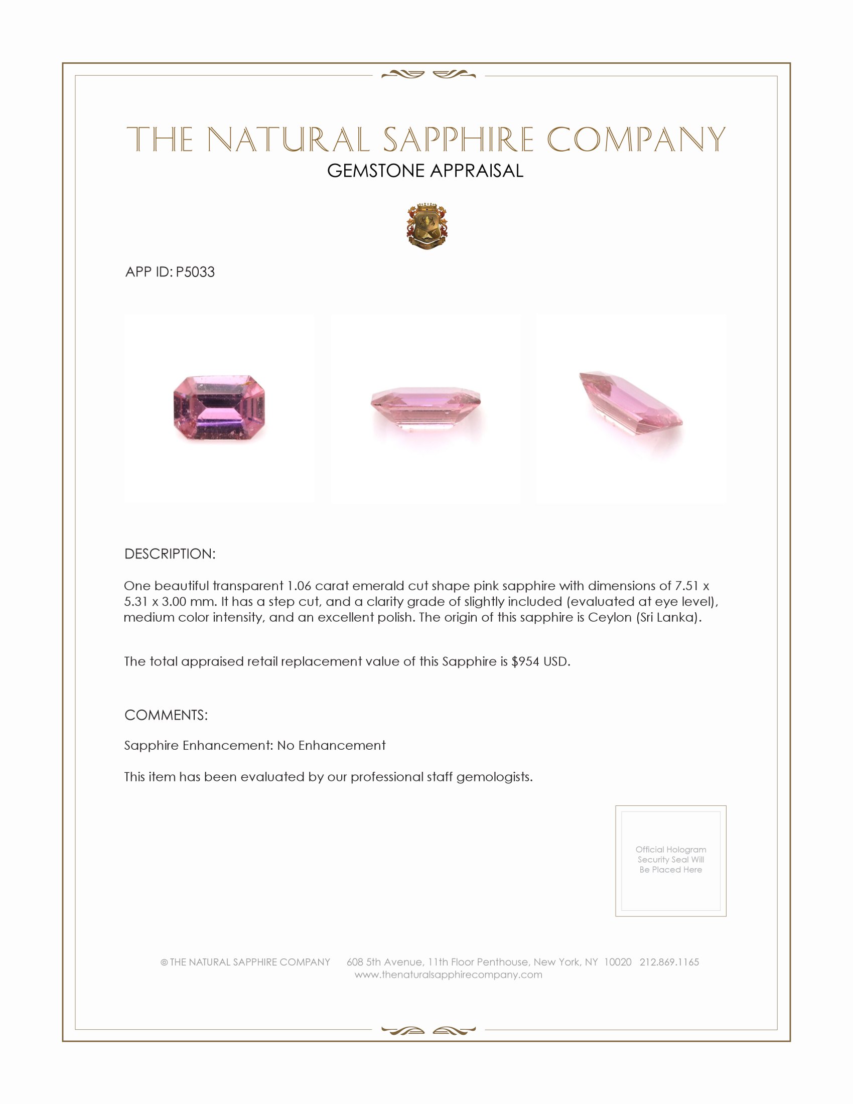 1.06 Ct. Pink Sapphire from Ceylon (Sri Lanka)