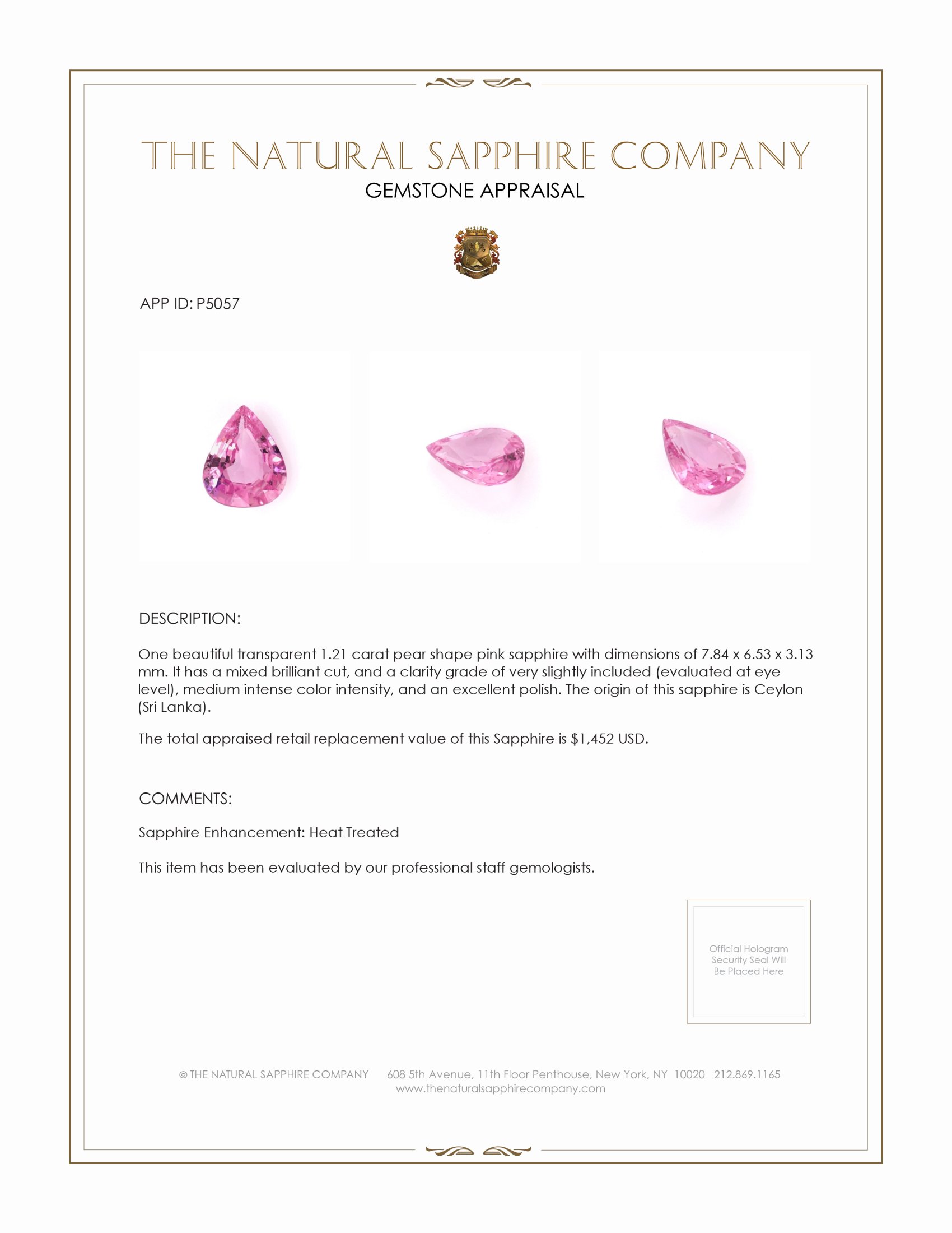 1.21 Ct. Pink Sapphire from Ceylon (Sri Lanka)