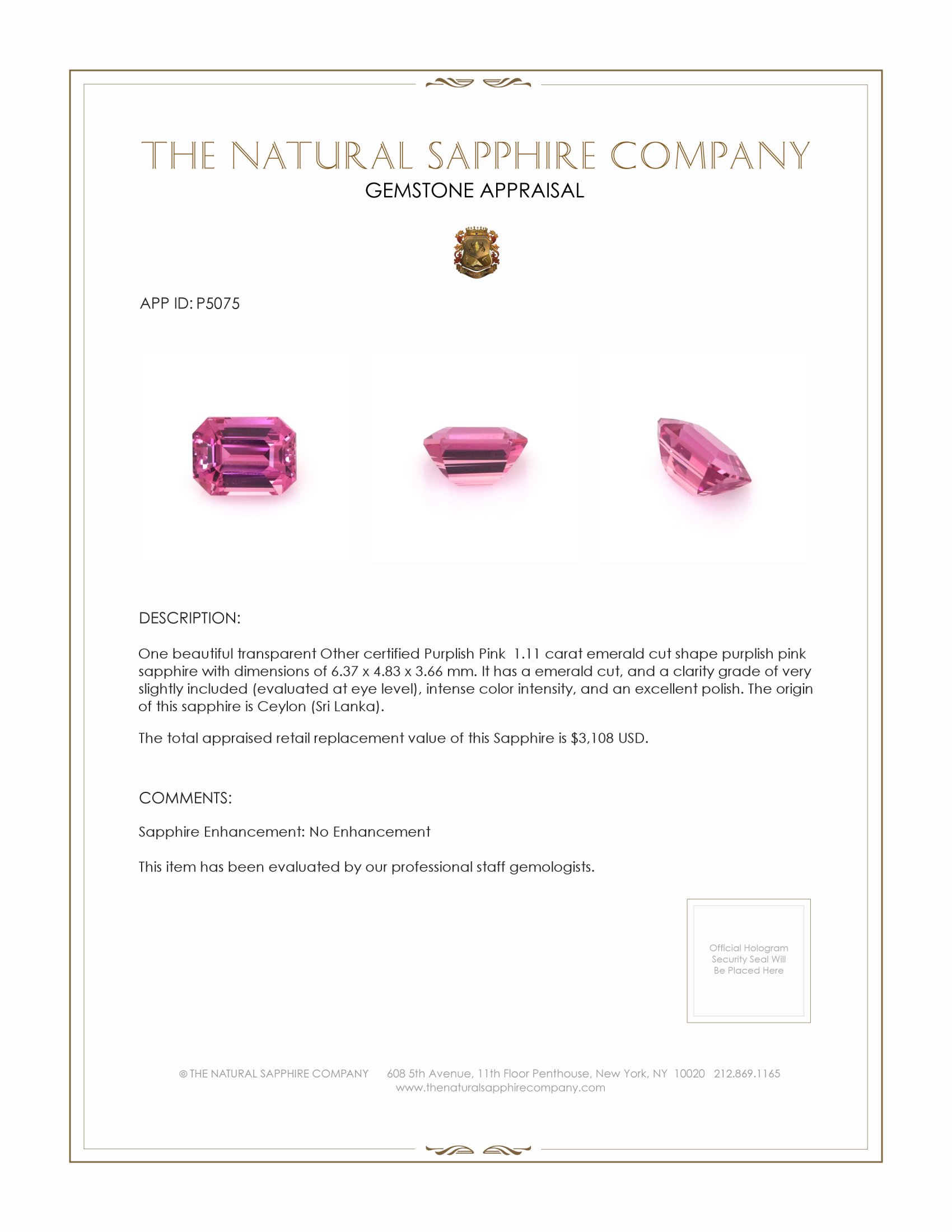 1.11 Ct. Purplish Pink Sapphire from Ceylon (Sri Lanka)