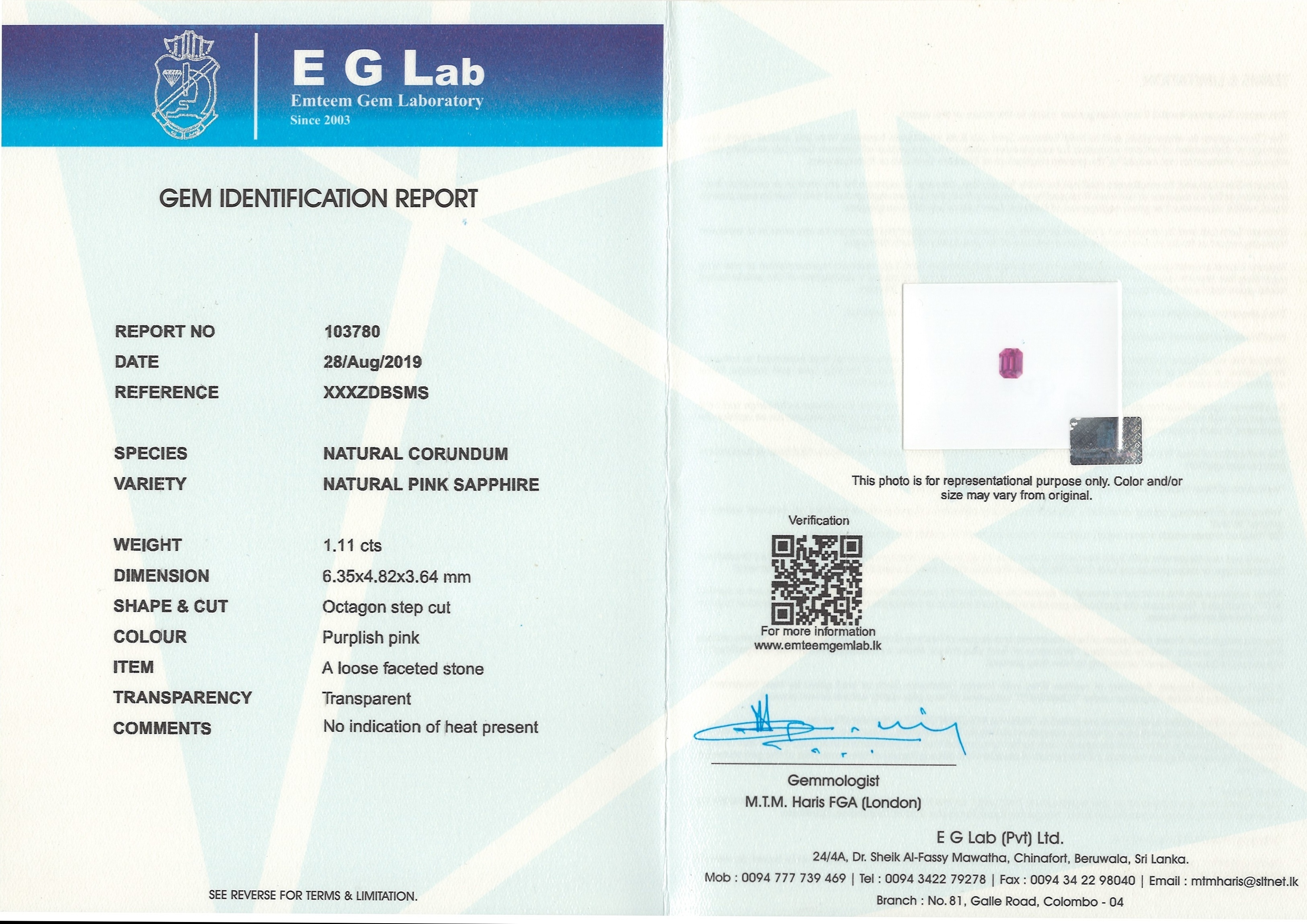 1.11 Ct. Purplish Pink Sapphire from Ceylon (Sri Lanka)