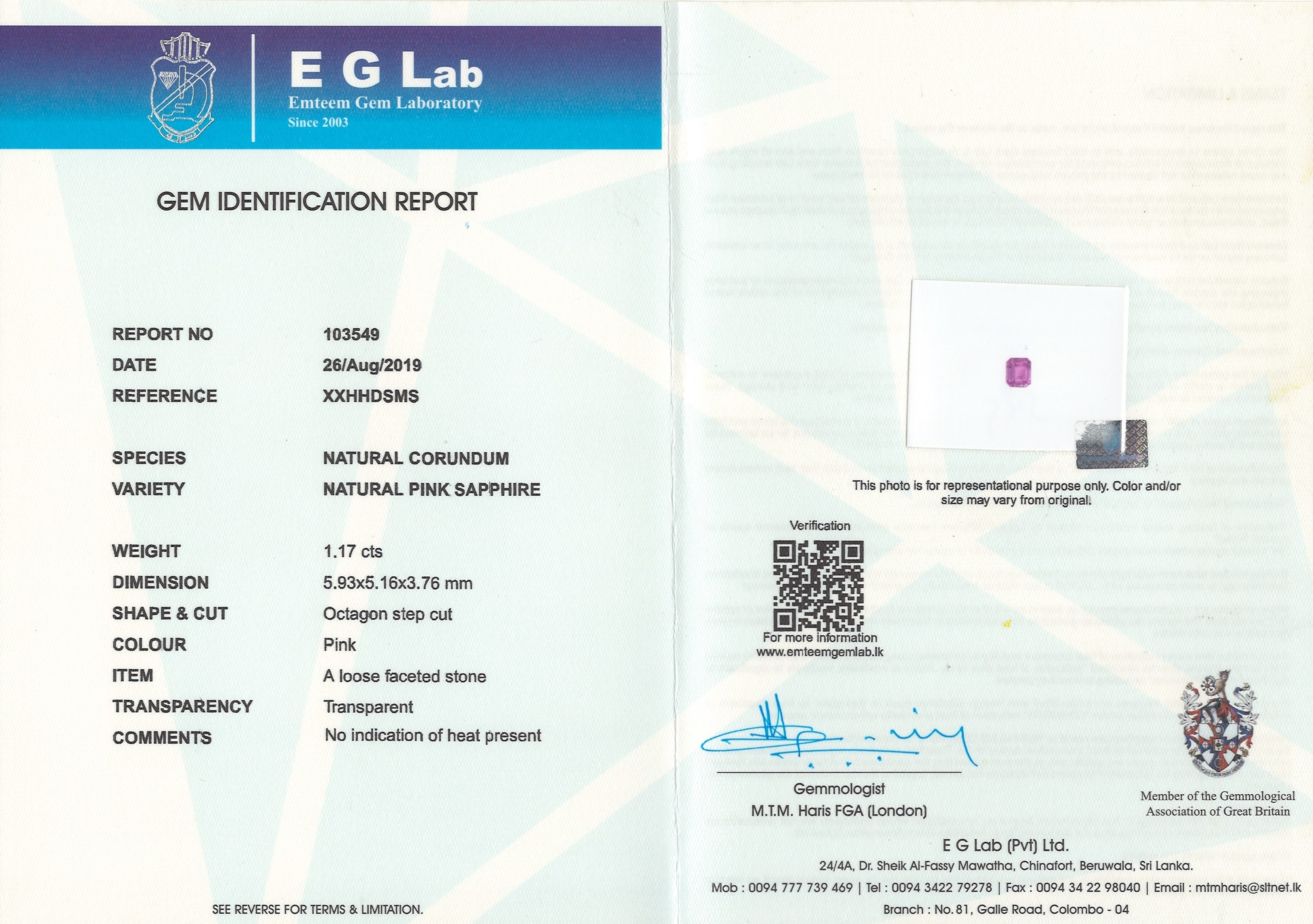 1.17 Ct. Pink Sapphire from Ceylon (Sri Lanka)